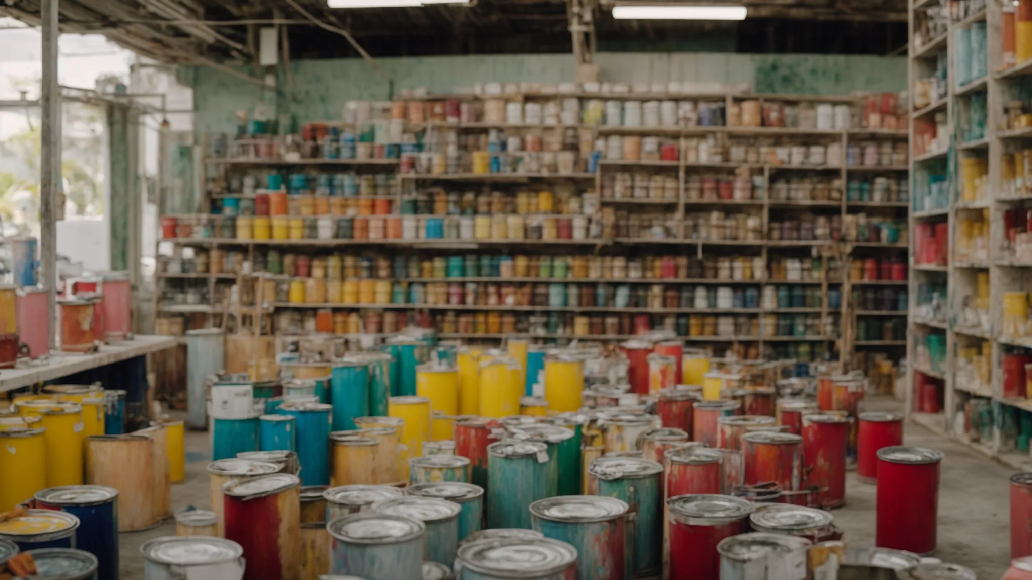 a vibrant interior paint shop in fort lauderdale, filled with colorful paint cans and enthusiastic diy-ers attending a painting workshop.