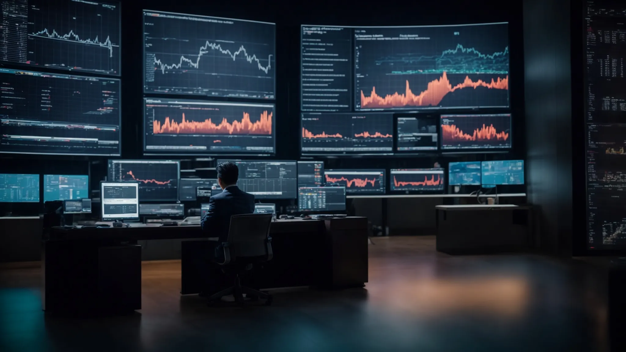 a person sits at a desk, surrounded by digital screens displaying charts and content analytics.