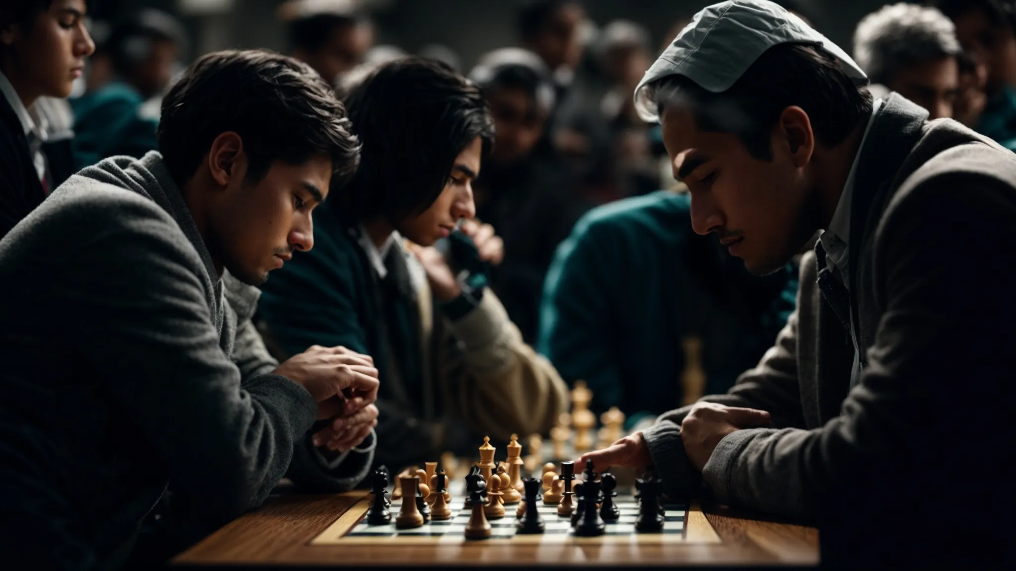 two chess players intensely focused, surrounded by a silent crowd, as one contemplates a pivotal move.