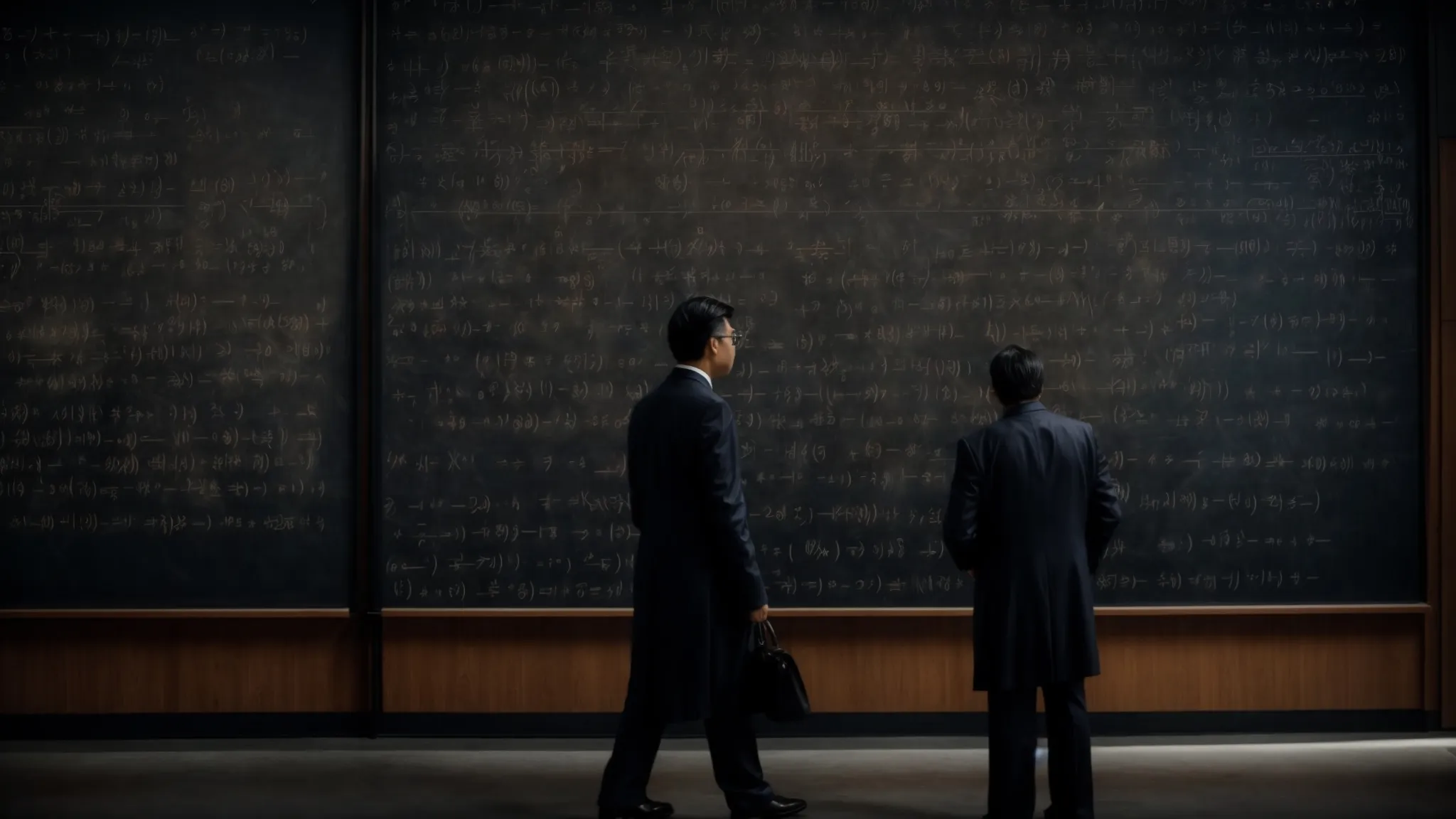 a professor stands in front of a large blackboard filled with complex mathematical equations and probability graphs.
