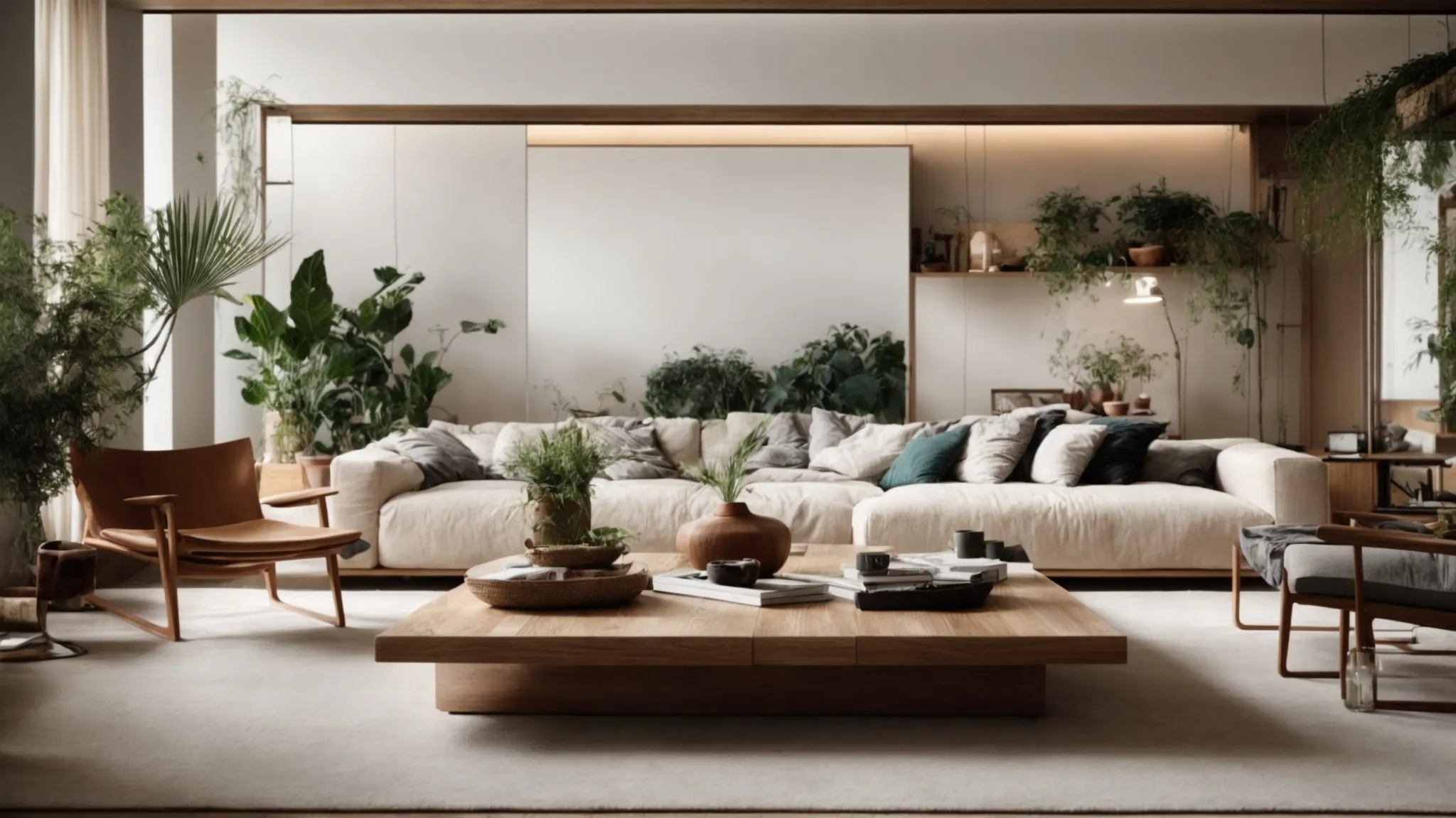 a modern living room filled with furniture and decor made from natural, renewable materials.