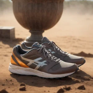 a worn pair of running shoes on a dusty track juxtaposed with a gleaming trophy resting on a pedestal beside it.