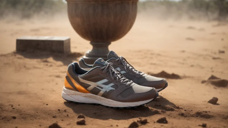 a worn pair of running shoes on a dusty track juxtaposed with a gleaming trophy resting on a pedestal beside it.