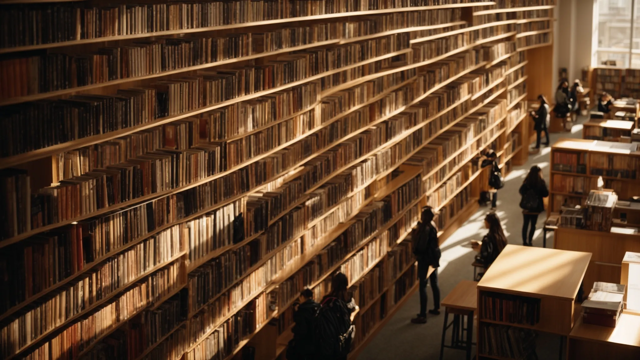 a broad, sunlit library filled with towering bookshelves, where individuals quietly browse and study amidst rows of diverse, academic volumes.