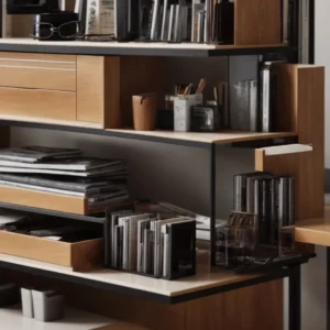 a compact desk with vertical shelves and multi-tiered organizers maximizes space efficiency.
