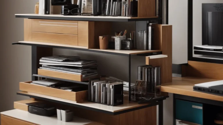 a compact desk with vertical shelves and multi-tiered organizers maximizes space efficiency.