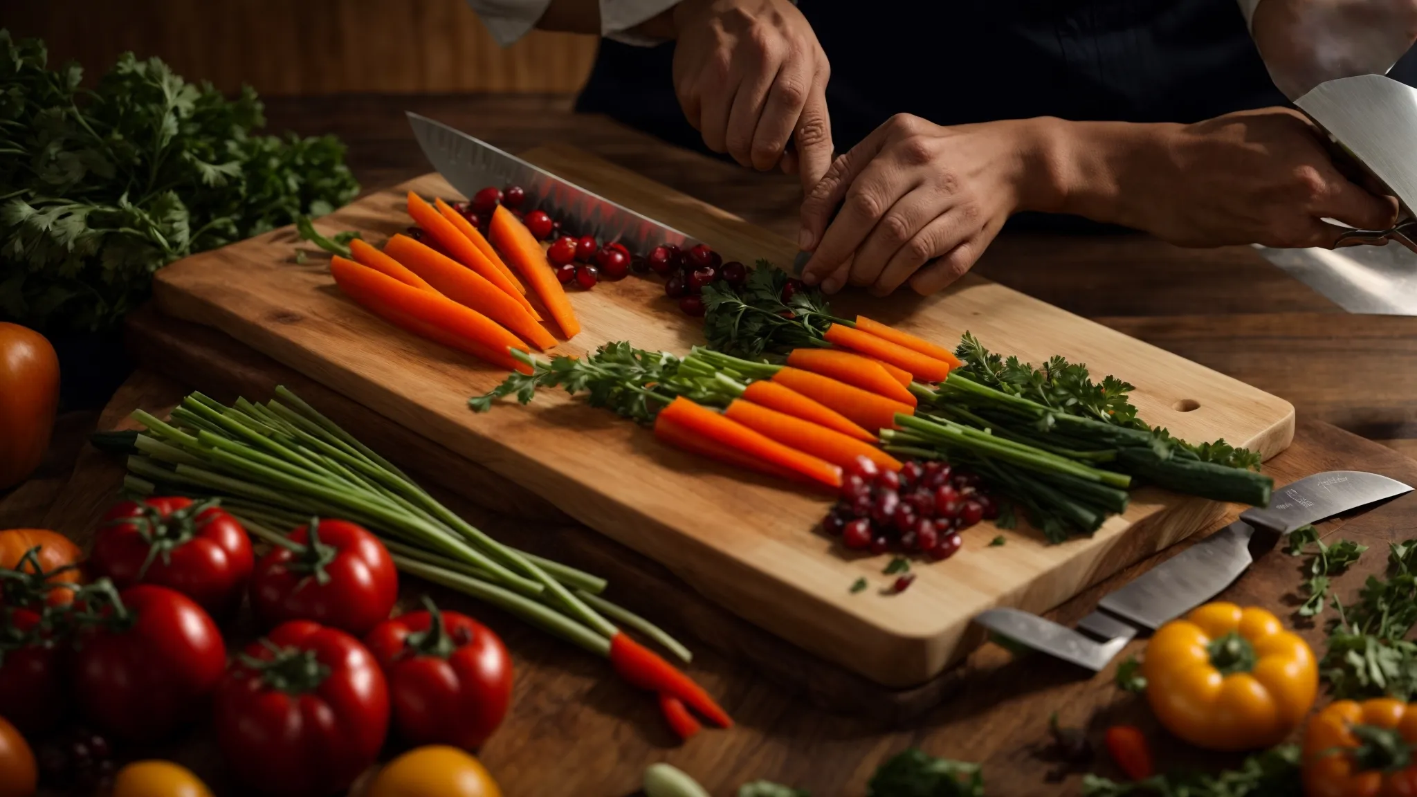 a seasoned chef effortlessly glides a sharp knife through vibrant vegetables arrayed on the smooth surface of a maple wood cutting board.