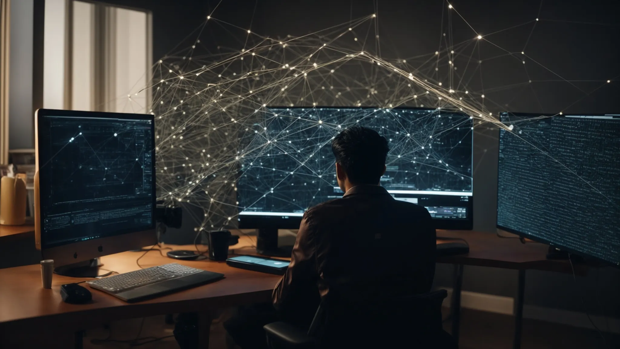 a person sitting at a computer analyzing a complex network of interconnected nodes on the screen, symbolizing a digital link-building strategy.