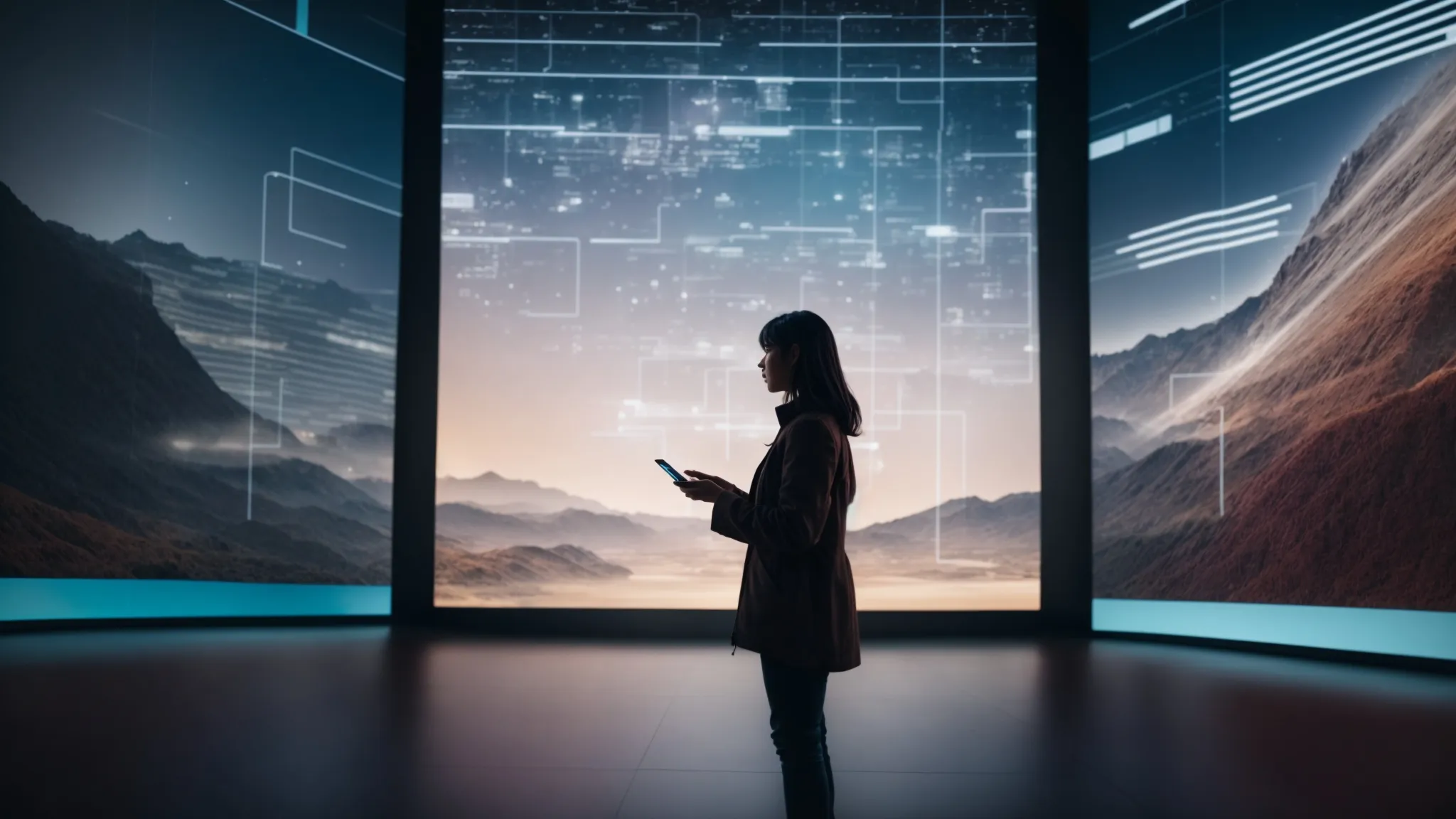 a person interacts with a virtual product display projected in the air above a smartphone, surrounded by a futuristic digital landscape.