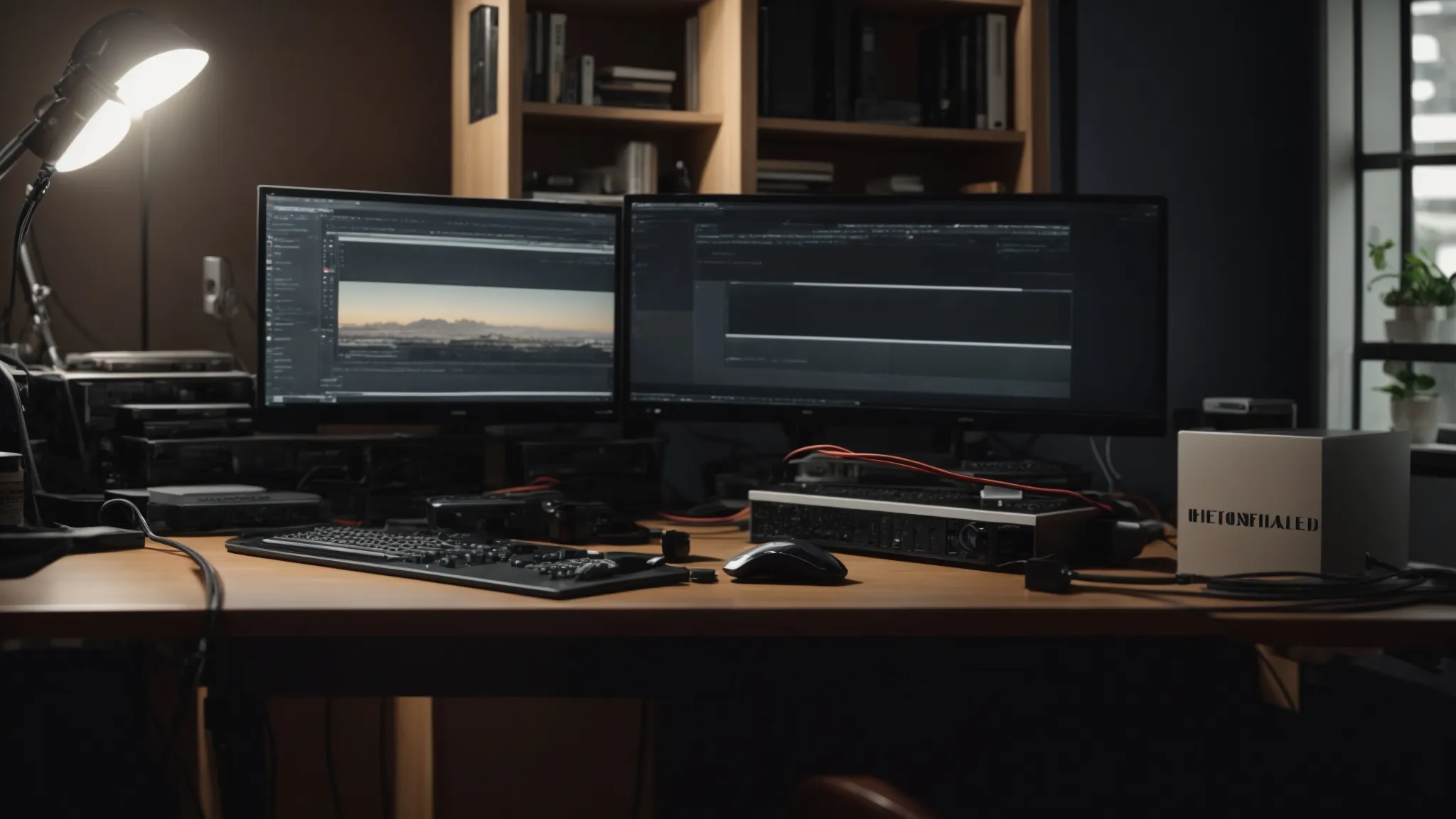 a neat desk with monitor, keyboard, and a mouse, with all cables neatly bundled and routed out of sight.