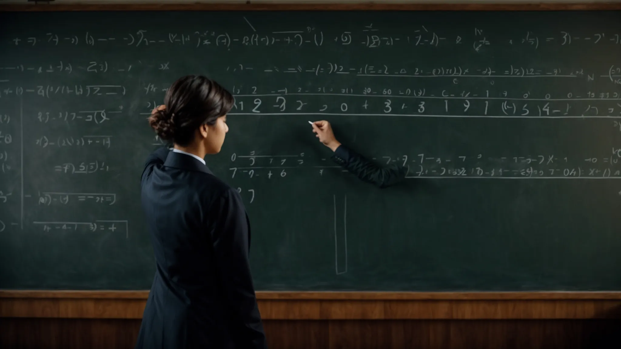 a teacher stands before a chalkboard filled with algebraic equations, pointing to a graph that illustrates economic trends.