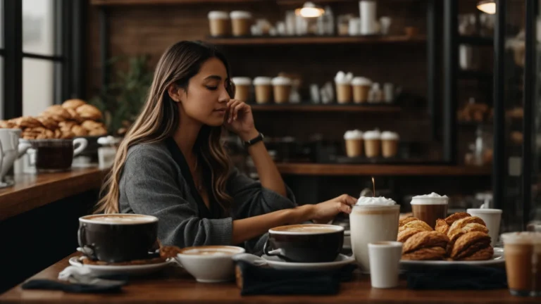 a local coffee shop owner updates her business profile on a laptop, surrounded by freshly brewed coffee and pastries.