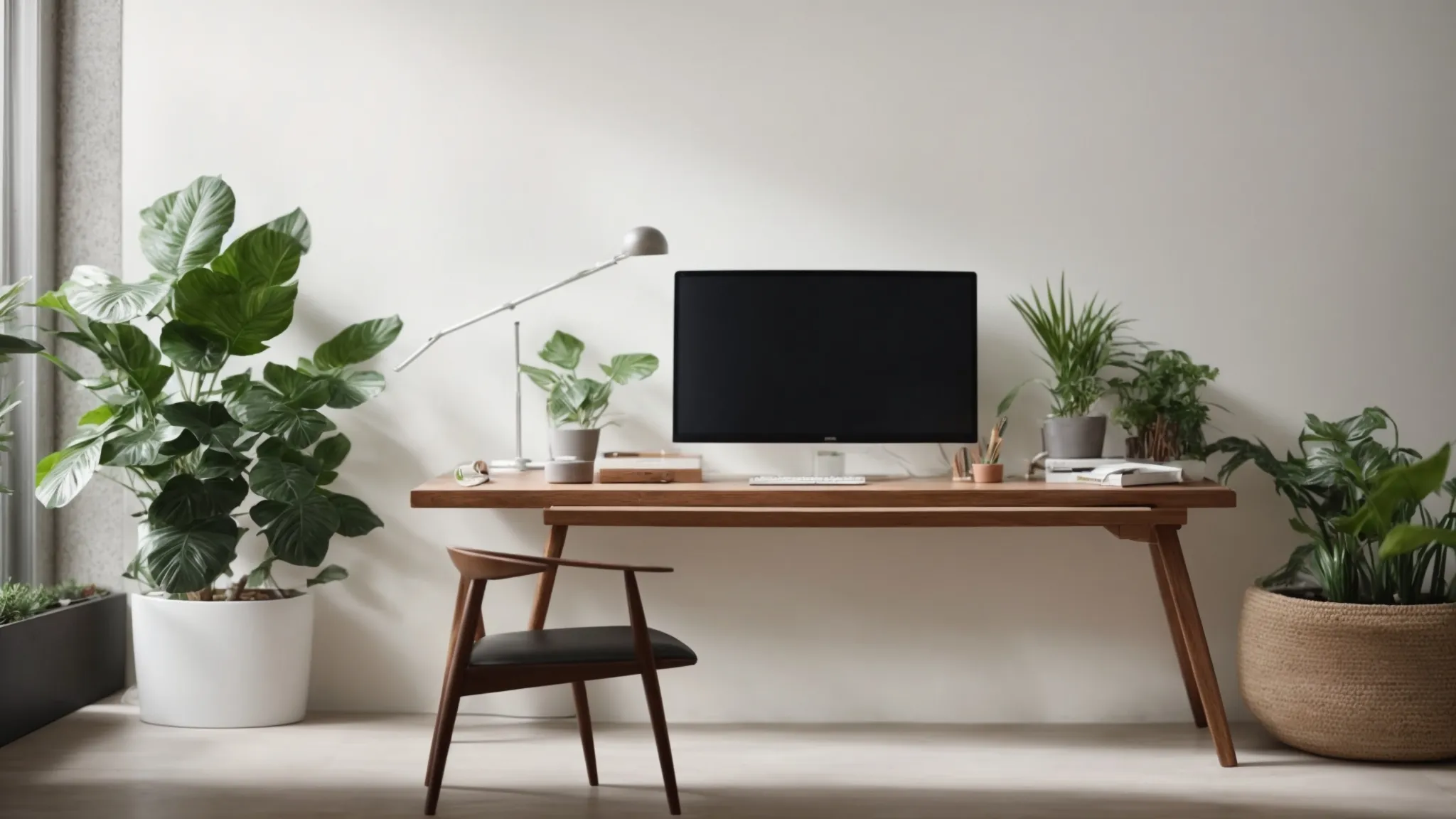 a minimalist desk setup with a monitor mounted on the wall, a slim keyboard, and a plant on one side, showcasing an organized, spacious work area.