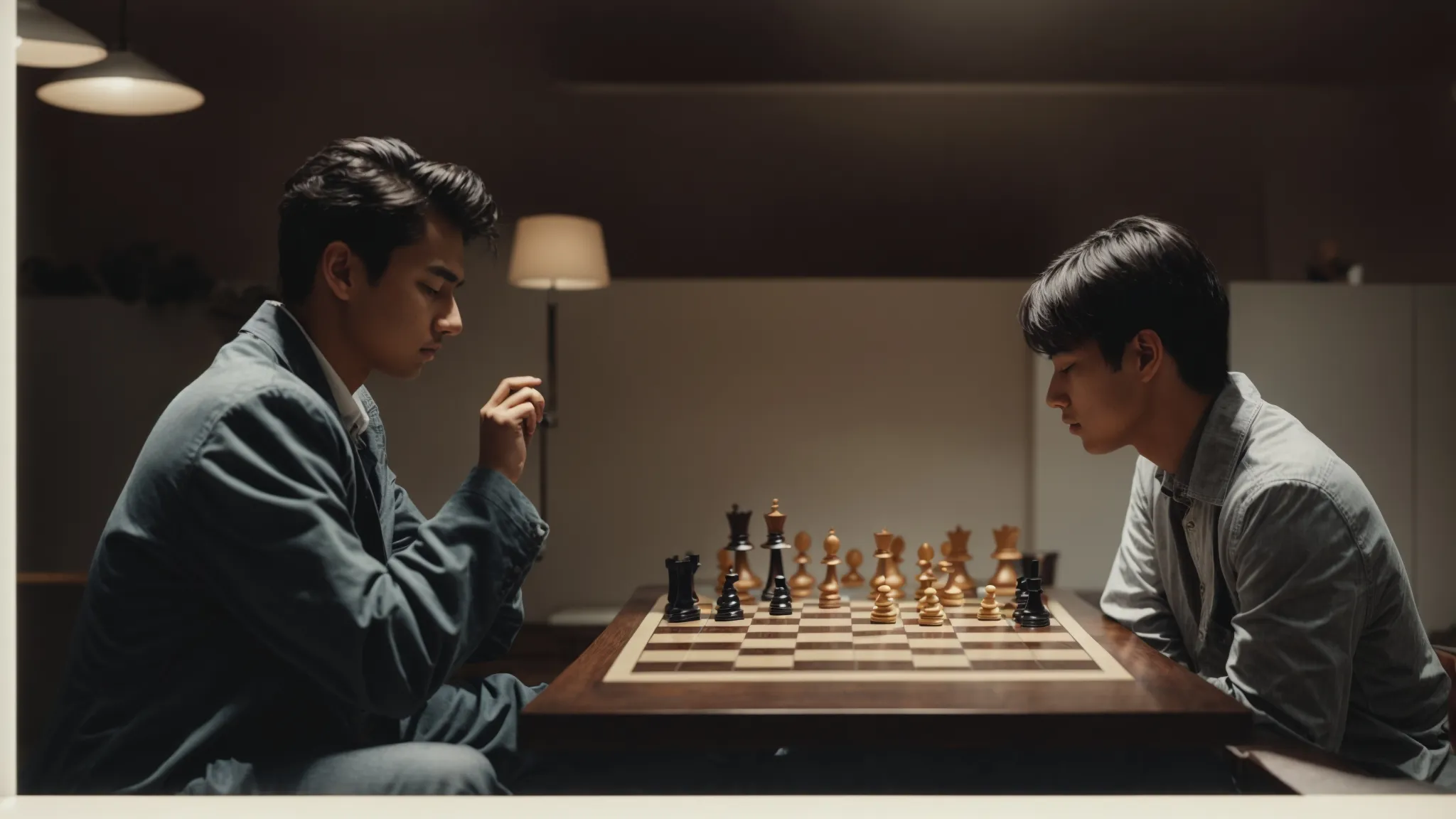 two individuals intently study a chessboard, analyzing potential moves.