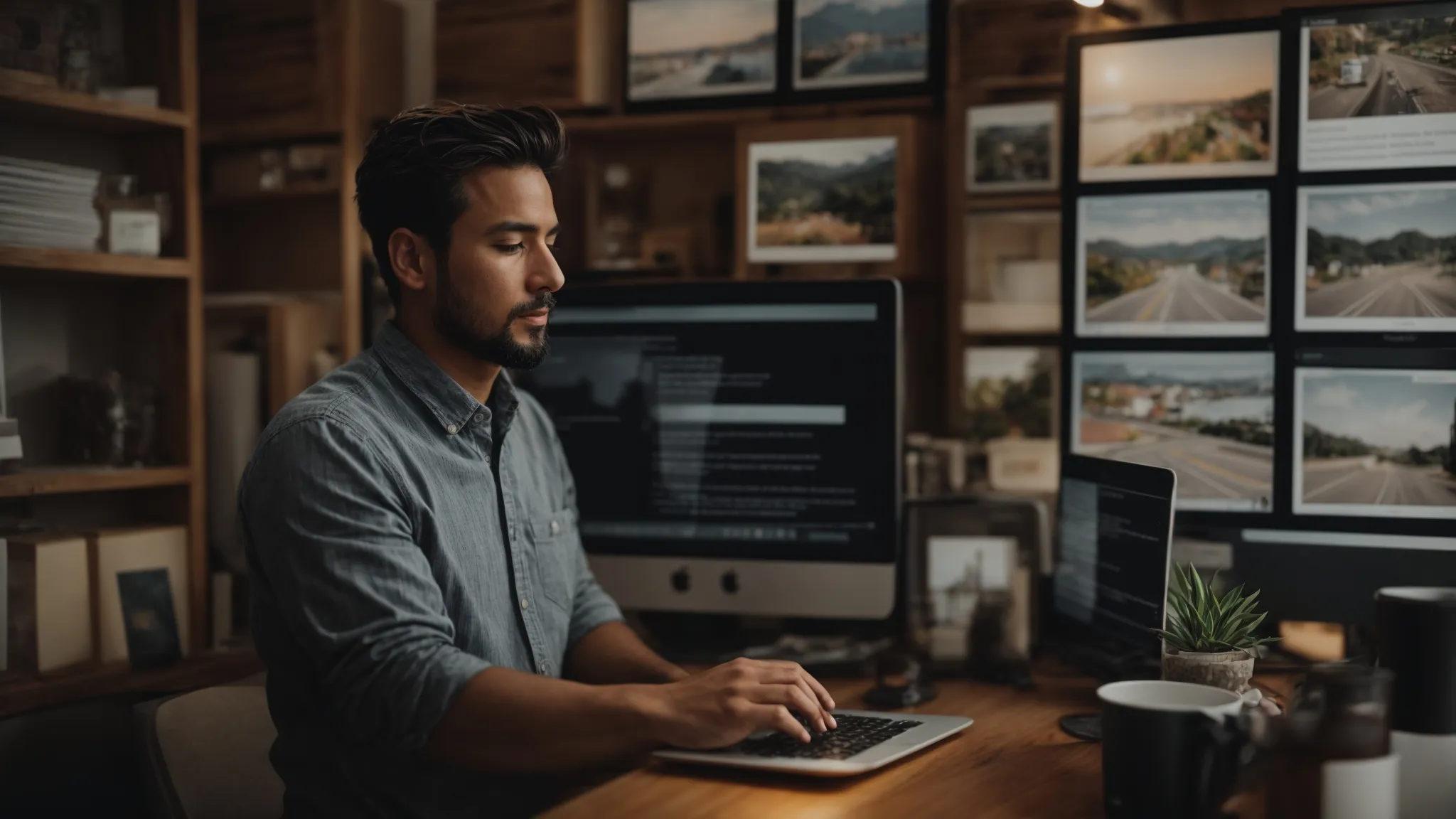 a small business owner updates their shop's digital profile on a computer in a cozy office, surrounded by local maps and community photos.