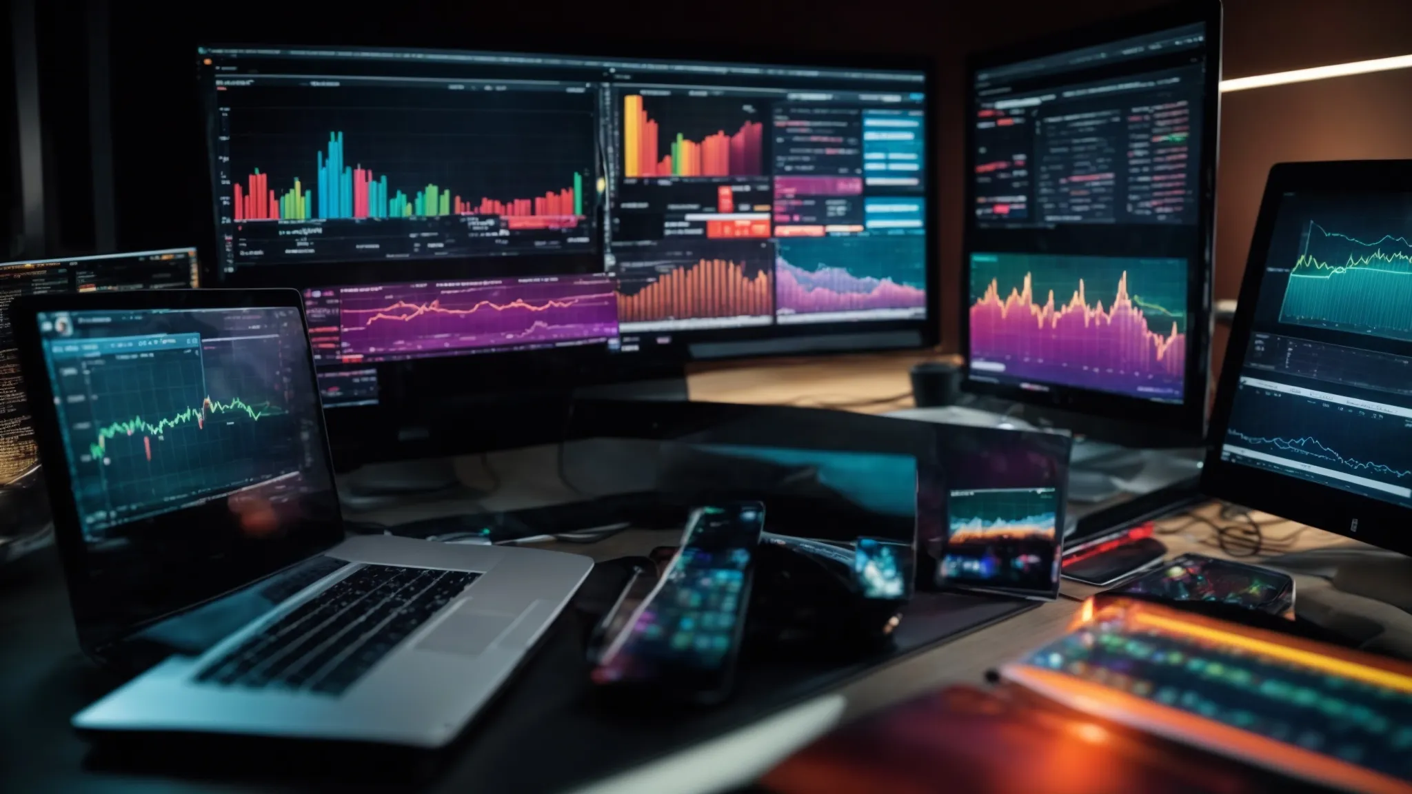 a computer screen displays colorful graphs and charts analyzing website traffic trends.