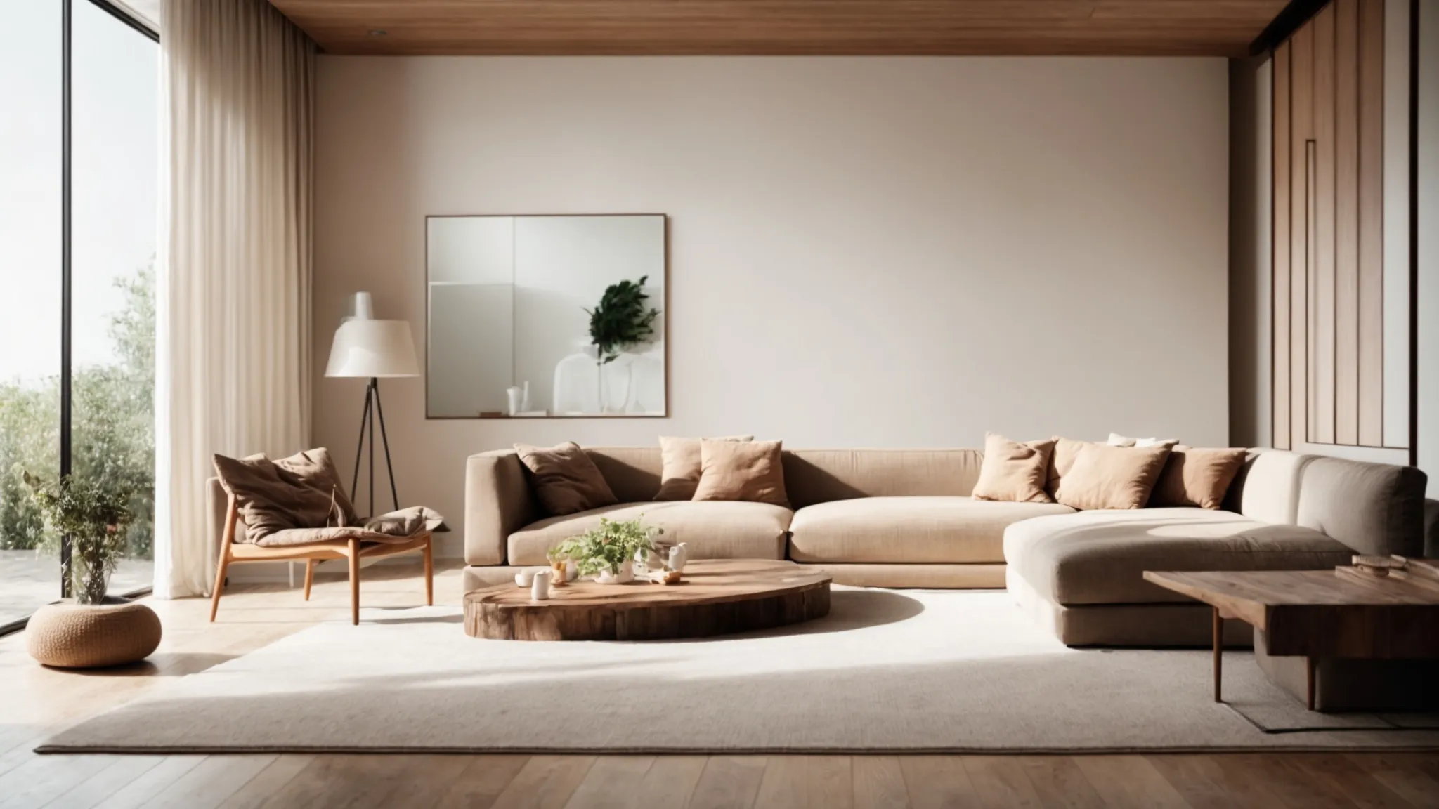 a minimalist living room filled with furniture made of natural, recycled materials, under soft, natural lighting.