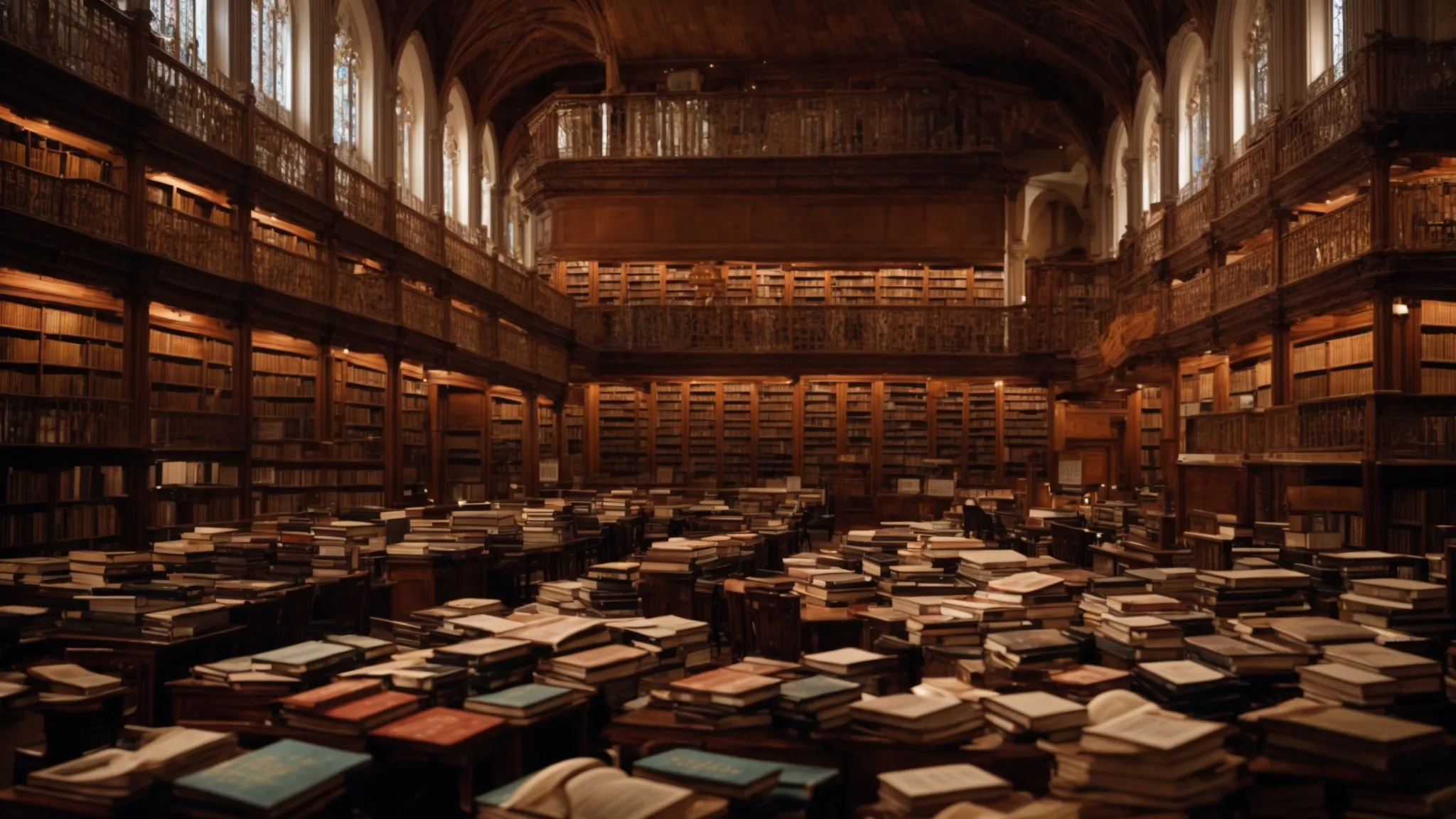 a vast library filled with books, highlighting different subjects and disciplines, symbolizes the breadth of knowledge available in online courses.