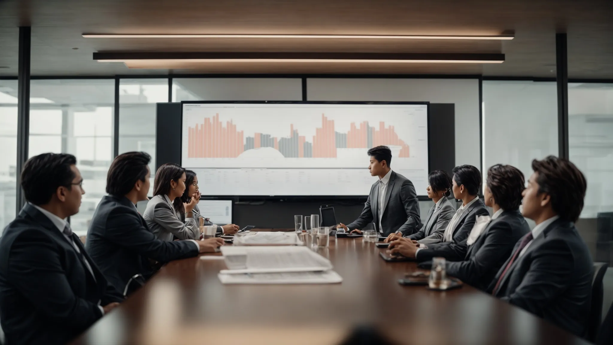 a group of professionals gathered around a conference table, intently focused on a large screen displaying charts and graphs.