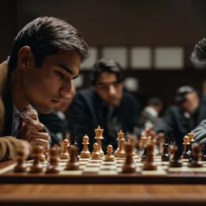 two chess players sit intently across from each other as they begin a match, focusing on the pieces they've strategically moved from their starting positions on the board.