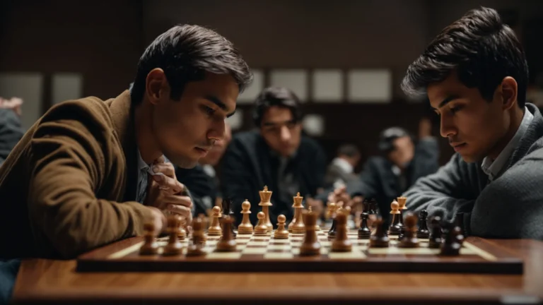 two chess players sit intently across from each other as they begin a match, focusing on the pieces they've strategically moved from their starting positions on the board.
