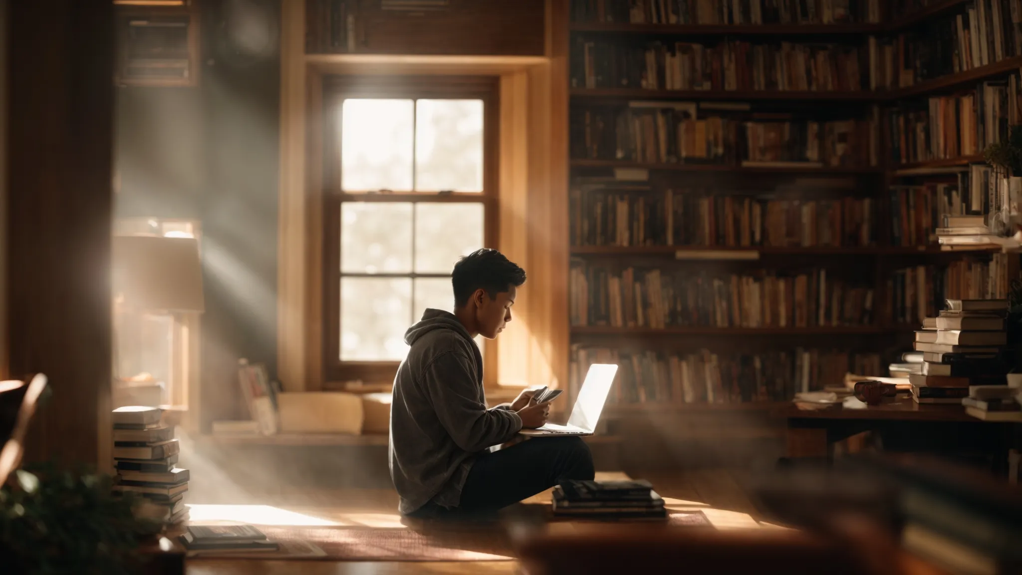 a young person sits in a cozy room lit by soft sunlight, intently focused on a laptop perched on a small table, surrounded by books.