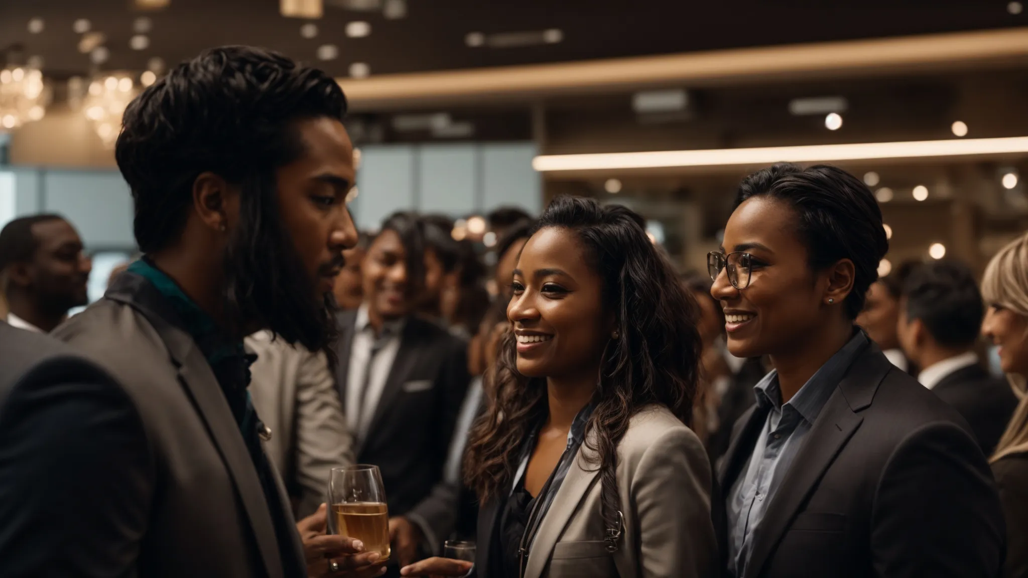 a diverse group of professionals engaging in lively discussions at a networking event.