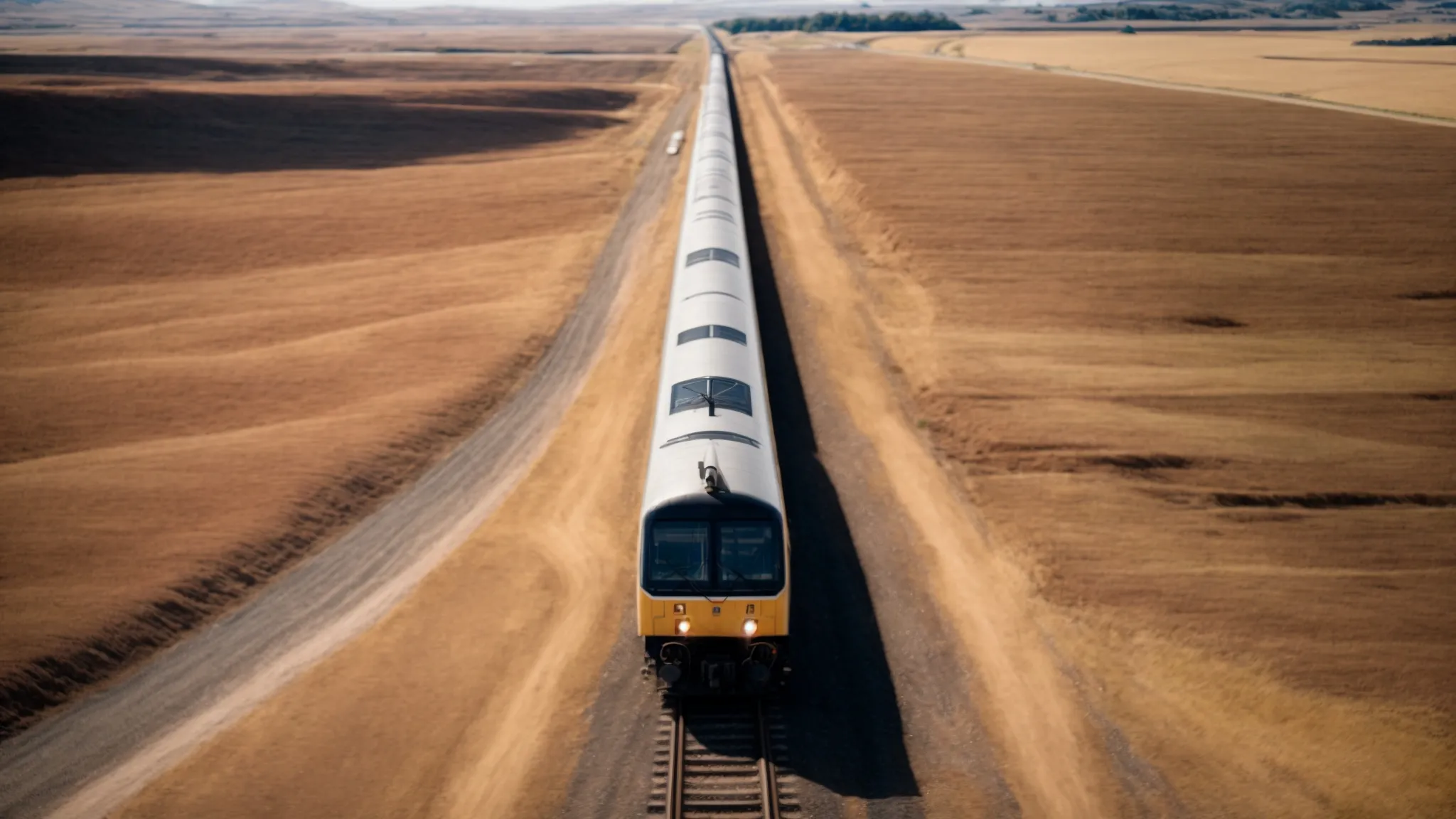 a train speeding along a straight track through a sprawling landscape, embodying the essence of distance, speed, and time in motion.
