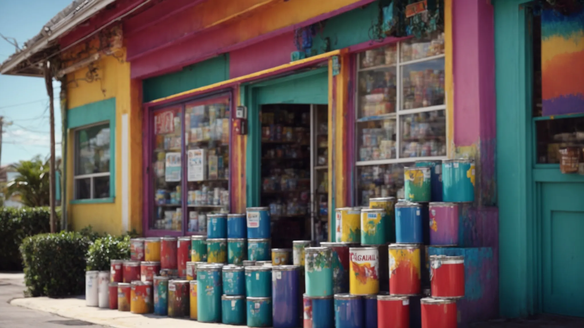 a vibrant local paint store stands invitingly on a sunny florida street, with a welcoming open door and a colorful display of paint cans outside.