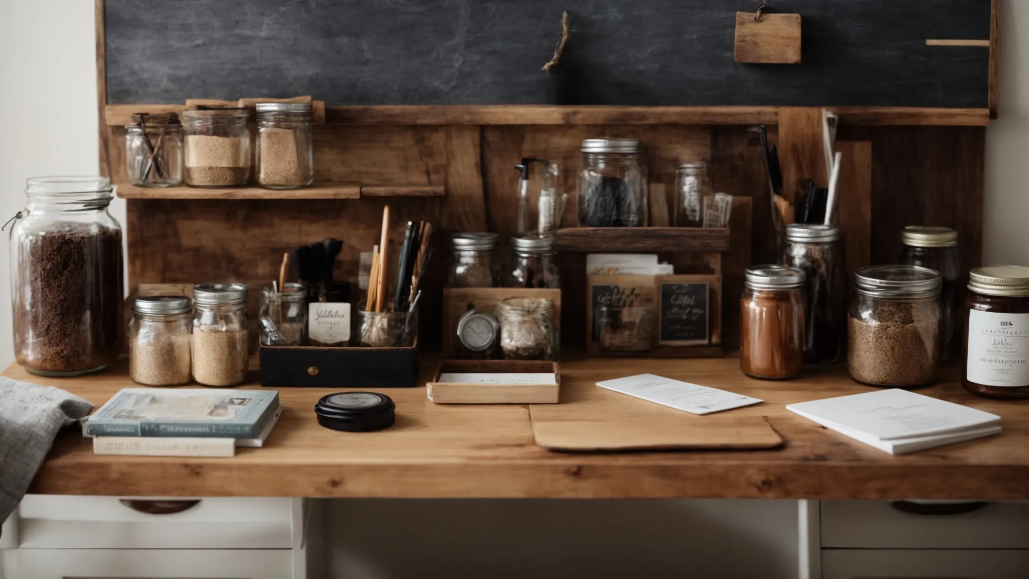 a tidy desk with a variety of homemade organizers, including a reclaimed wood shelf and a magnetic board, surrounded by repurposed jars and a fabric hanging organizer.