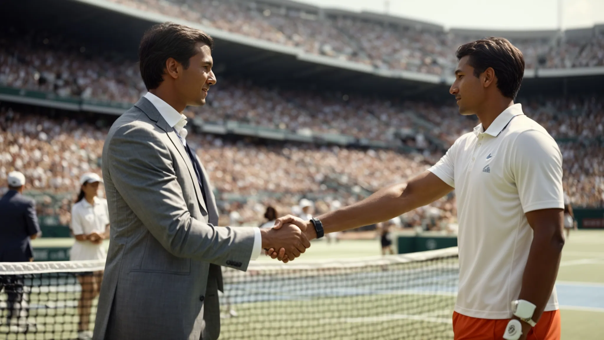 a tennis star shaking hands with a business executive against the backdrop of a packed sports stadium.