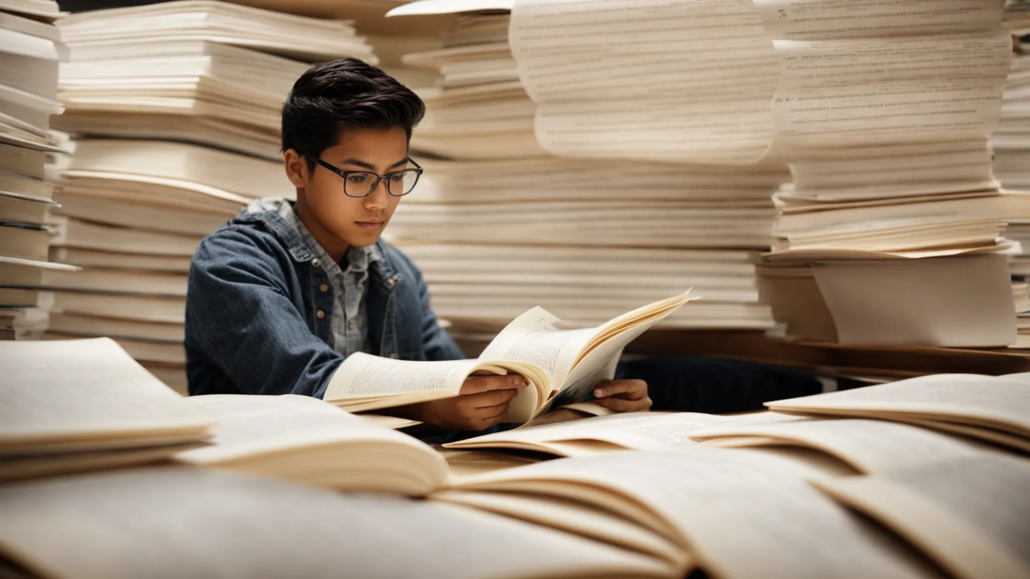 a student intently studies a thick math textbook, surrounded by scattered sheets of paper filled with equations.