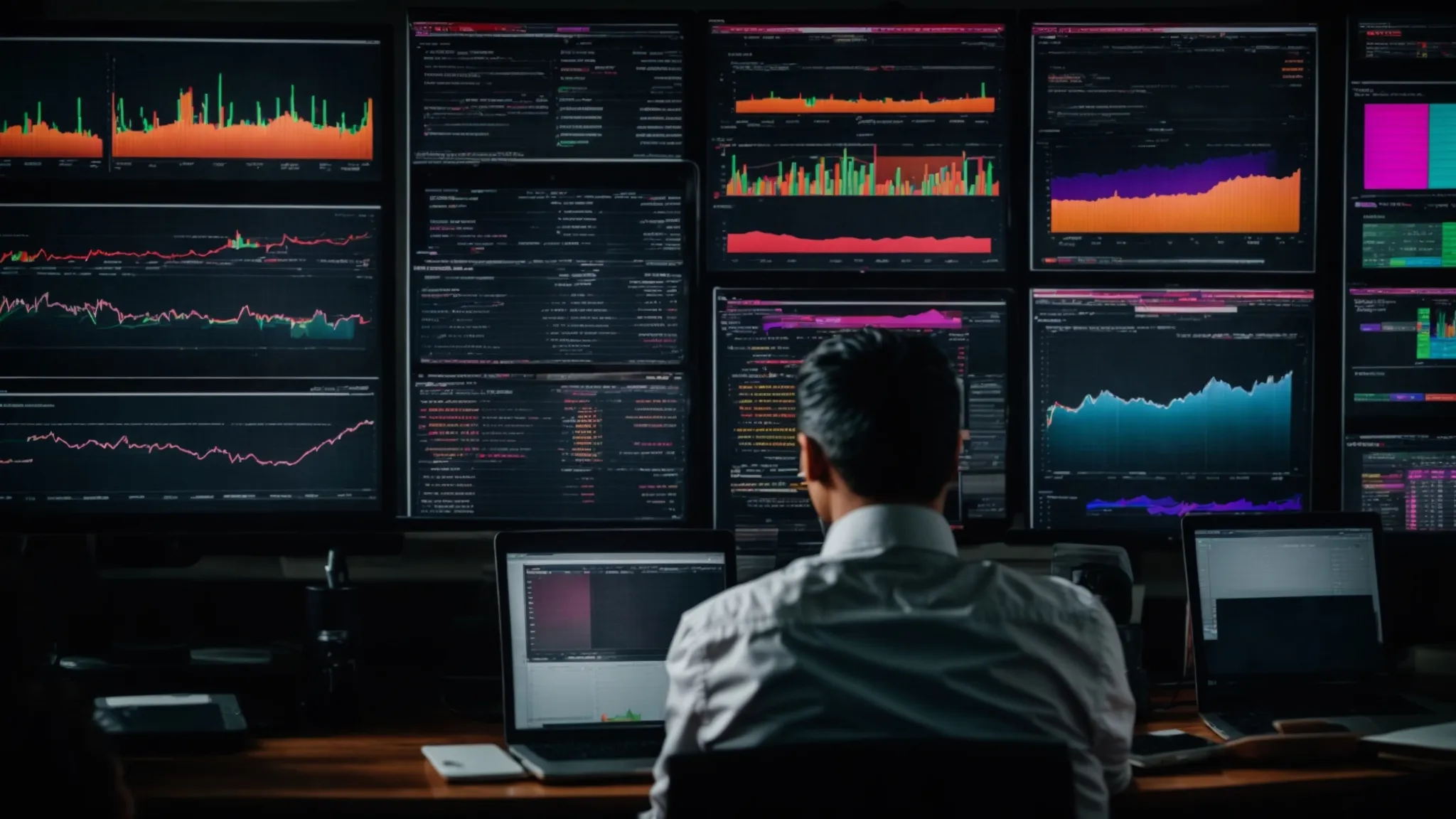 a local business owner intently studies a vibrant dashboard on a computer screen, displaying various graphs and charts related to website and search performance.