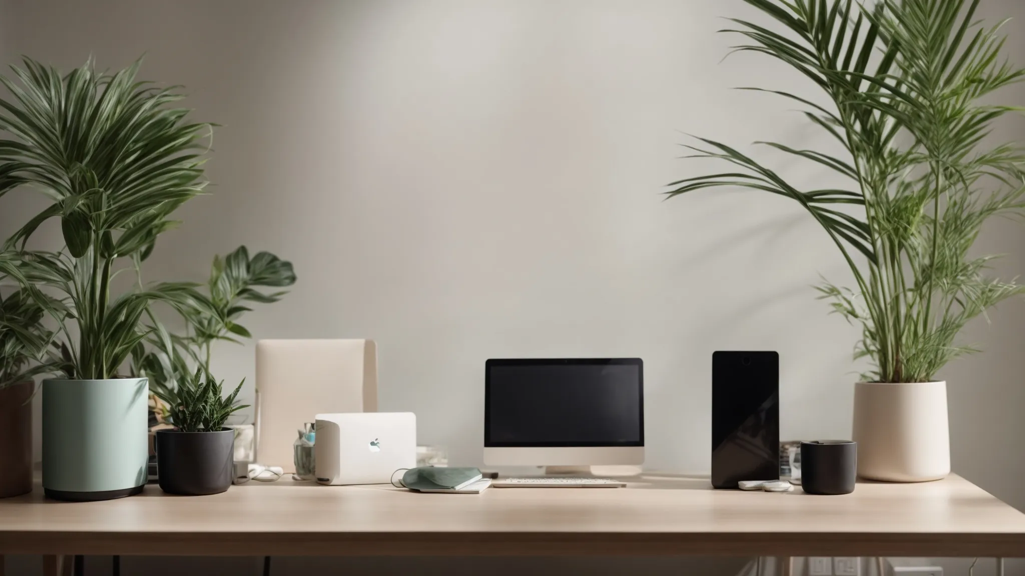 a serene, minimalist desk with a laptop, a potted plant, and a clear, open space.