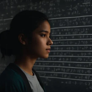 a student stands in front of a large blackboard filled with algebraic equations and graphs, pondering.