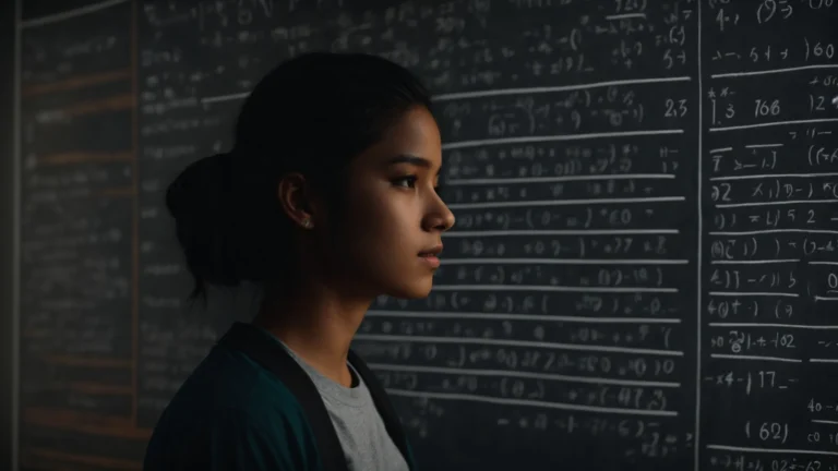 a student stands in front of a large blackboard filled with algebraic equations and graphs, pondering.