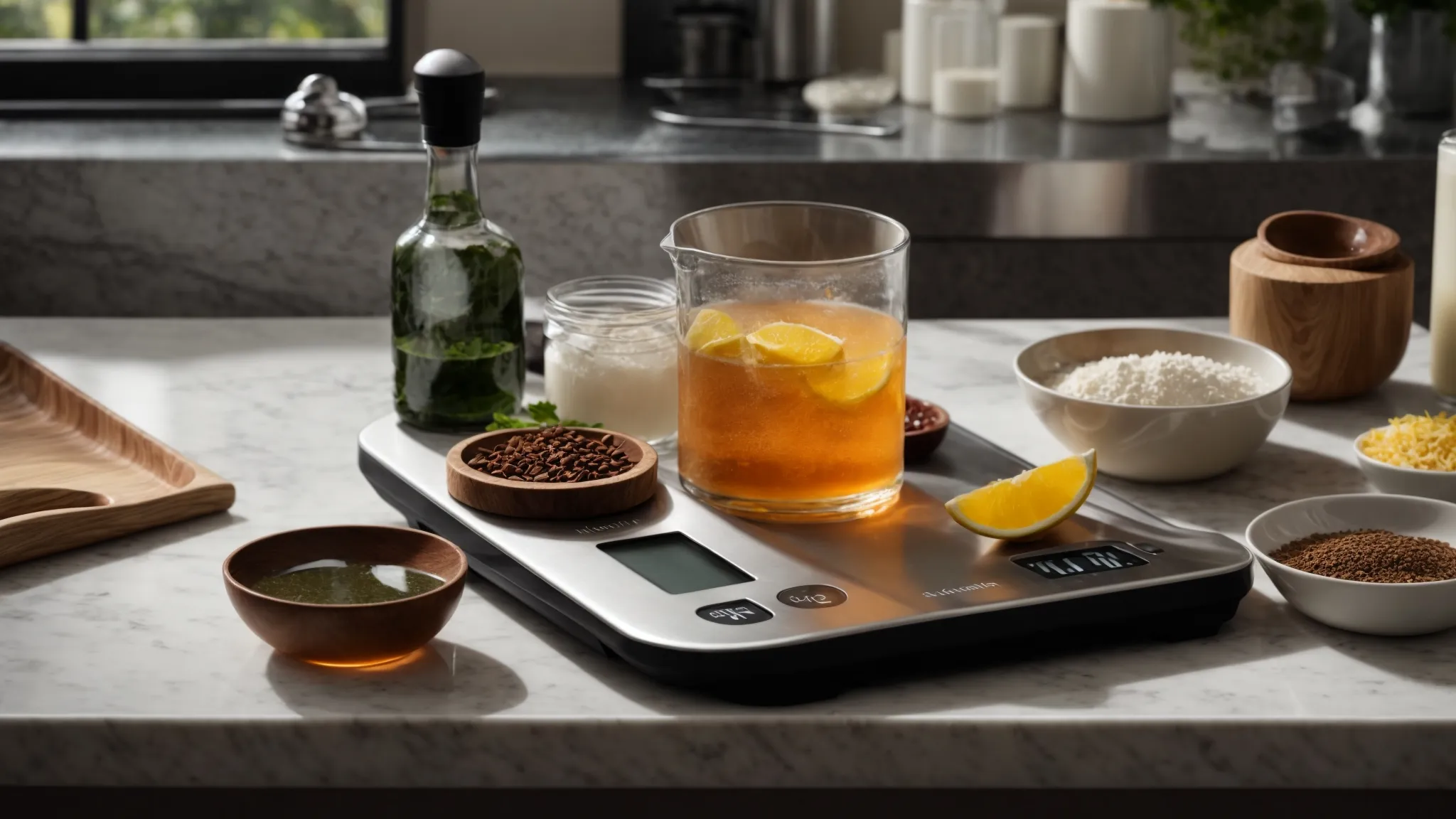 a digital kitchen scale sits on a countertop surrounded by ingredients ready to be measured.