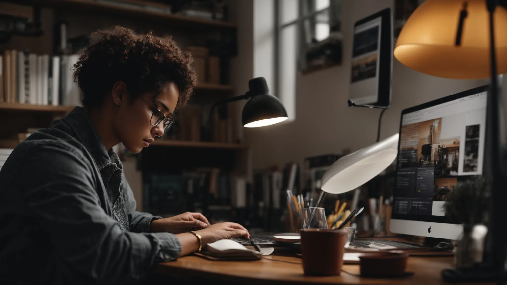 a person sitting at a desk, intently crafting a blog post on a laptop amidst a creative workspace environment.