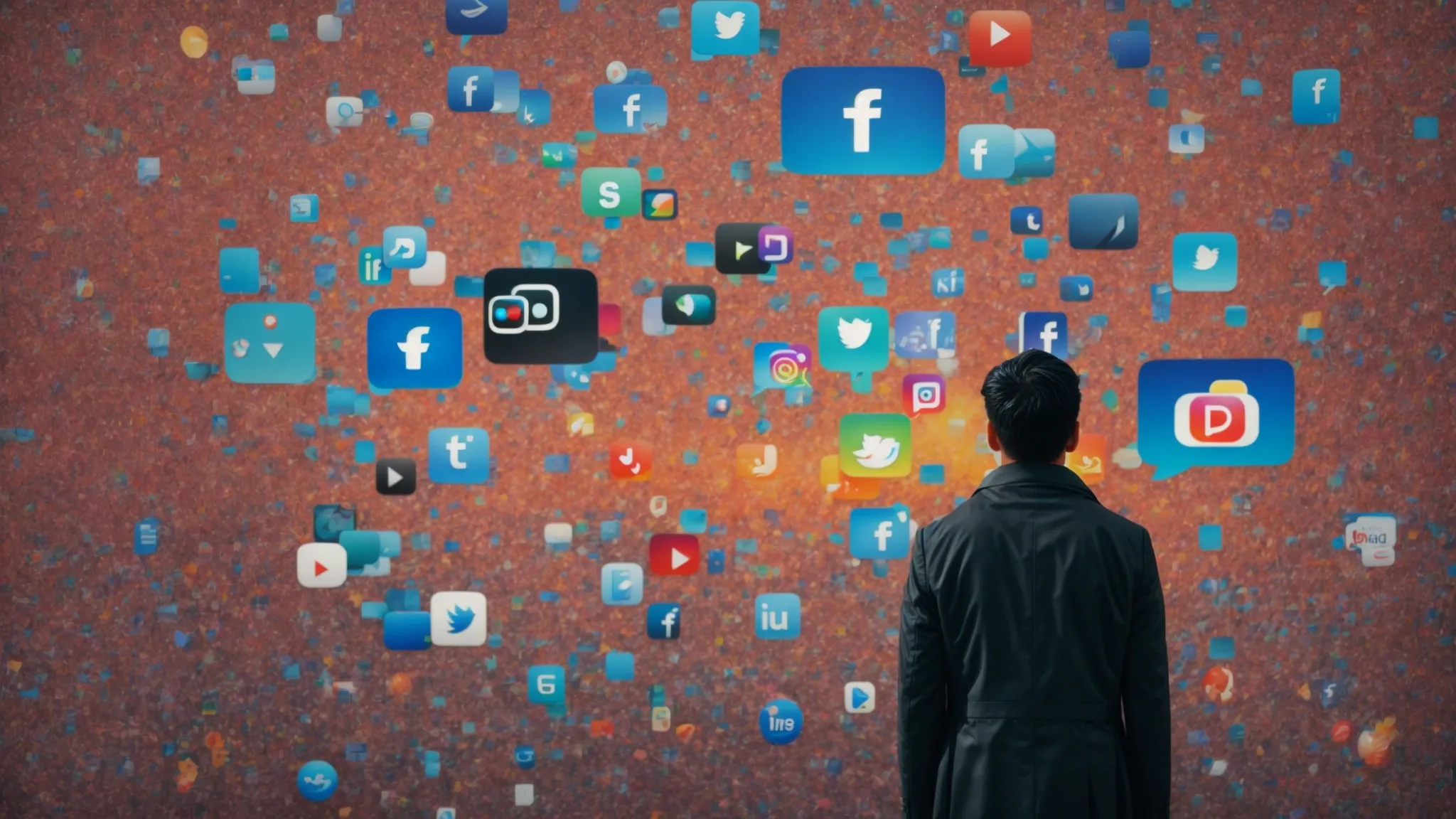 a person standing in front of a large, colorful chart showing different social media icons.