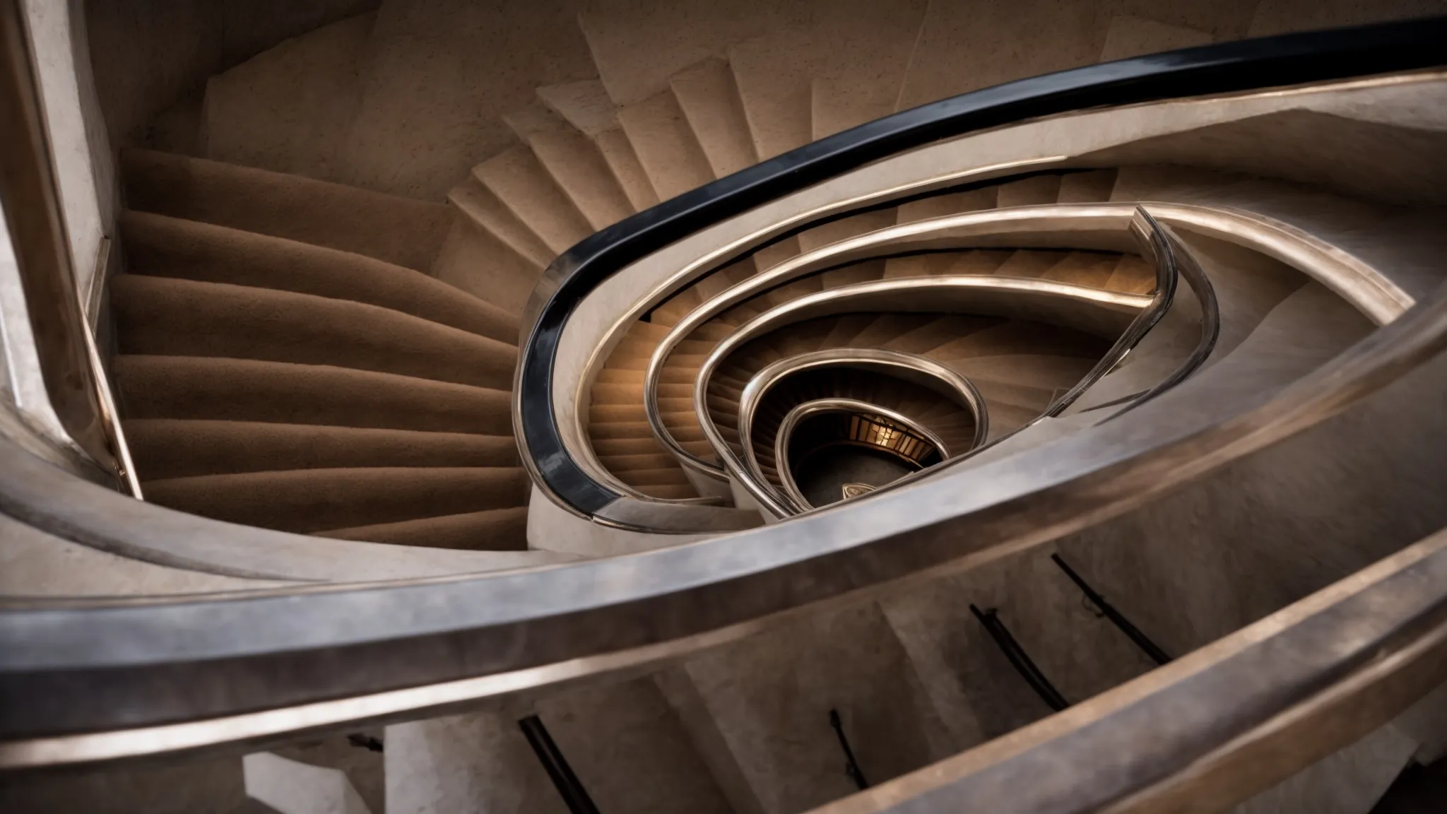 a panoramic view of a staircase ascending from simple, wide, bottom steps to narrower, intricate steps at the top, illuminated softly from above.