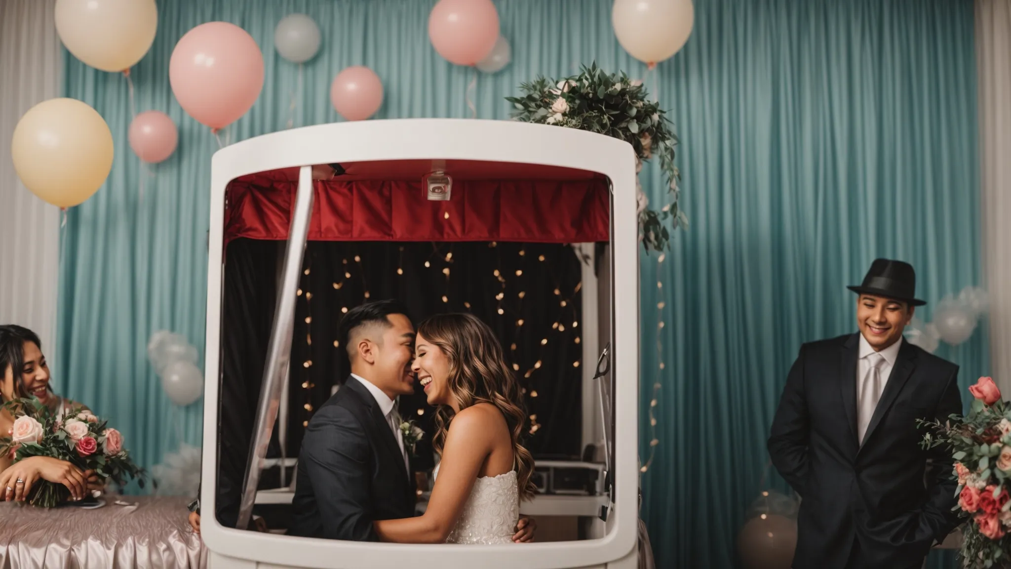 a couple laughing together in front of a modern, sleek photo booth at a wedding, surrounded by a variety of fun, interactive props on a table.