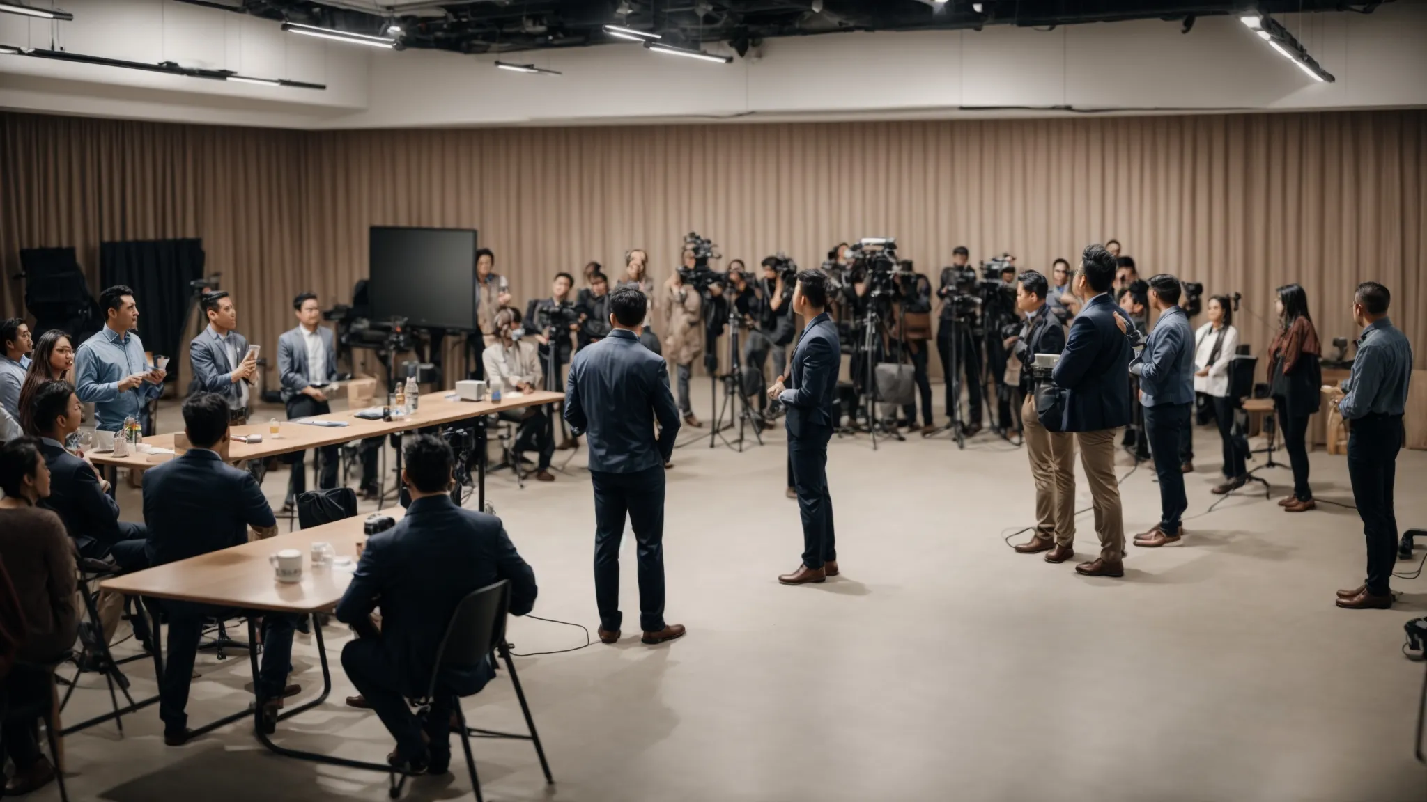 professionals gather around a large screen, actively participating in a workshop session.