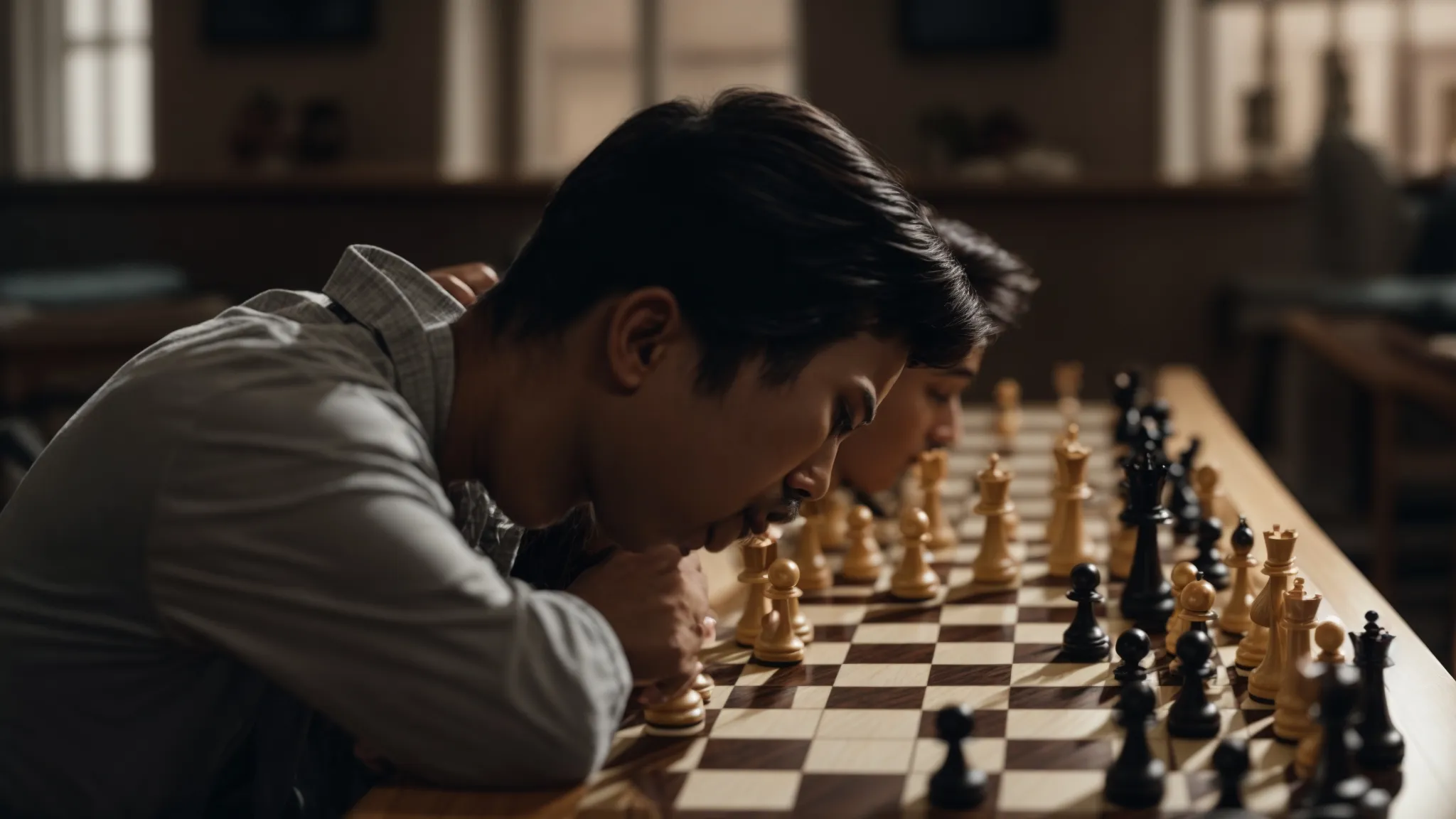 two chess players intently study a board where pawns are lined up in the opening formation, silent witnesses to the unfolding strategy.