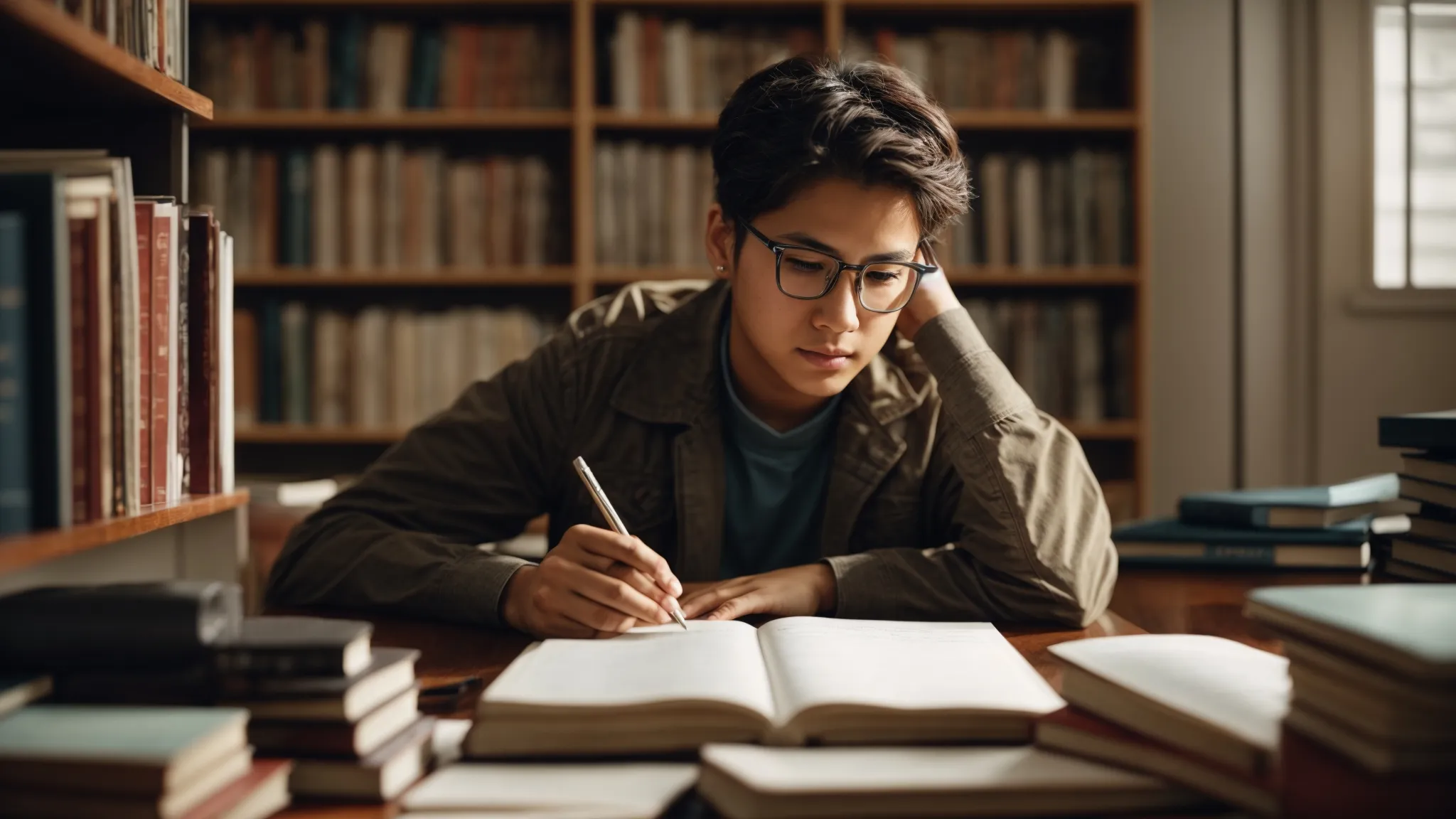 a focused individual sits at a tidy desk, surrounded by textbooks, solving algebraic equations in a spacious, well-lit study room.