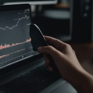 a person speaking into a smartphone held in front of a computer screen displaying a graph of rising search trends.