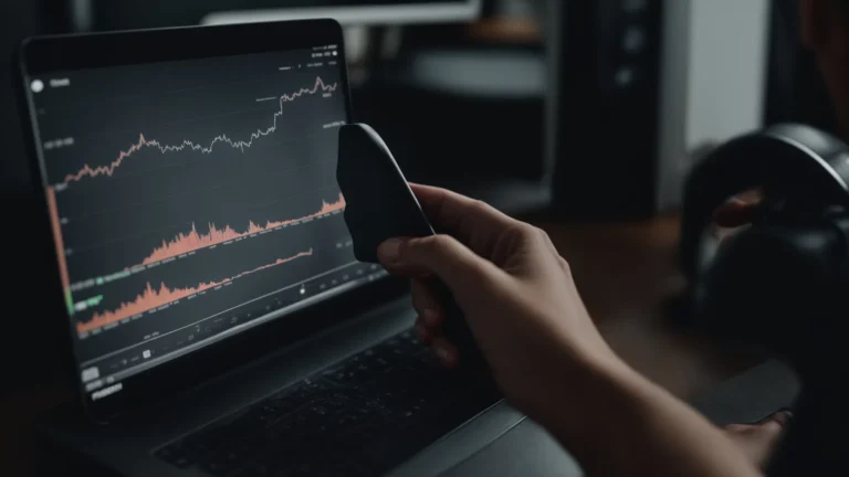 a person speaking into a smartphone held in front of a computer screen displaying a graph of rising search trends.