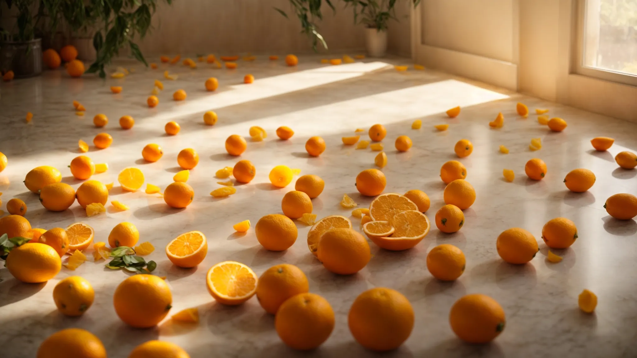 a pristine floor gleams under the soft glow of morning light, surrounded by scattered citrus fruits, plant leaves, and botanical extracts.