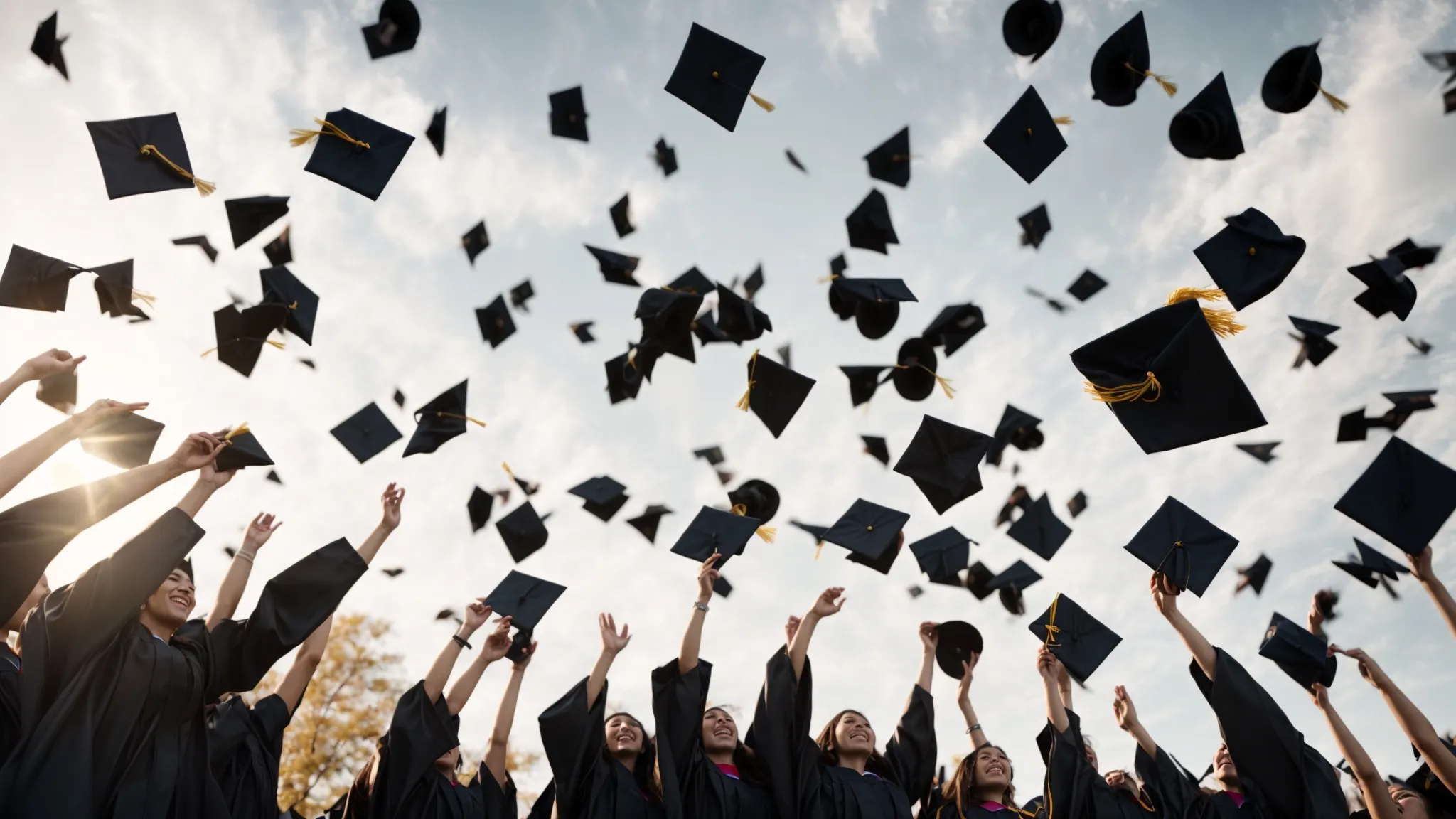 a row of graduation caps thrown in the air by a diverse group of students, representing the culmination of various master's programs.