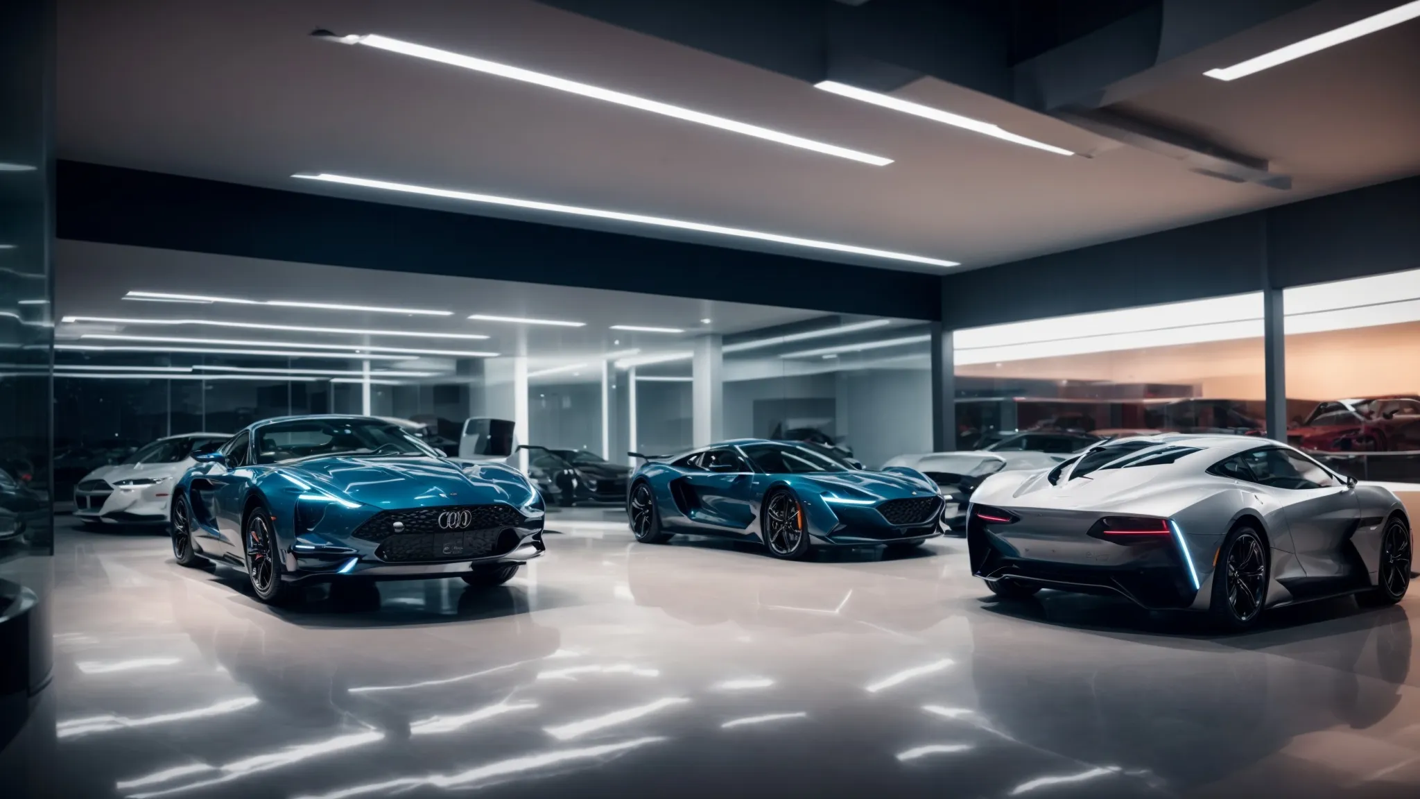a futuristic car dealership showroom illuminated by ambient lighting, displaying sleek, modern cars with interactive digital displays beside each vehicle.
