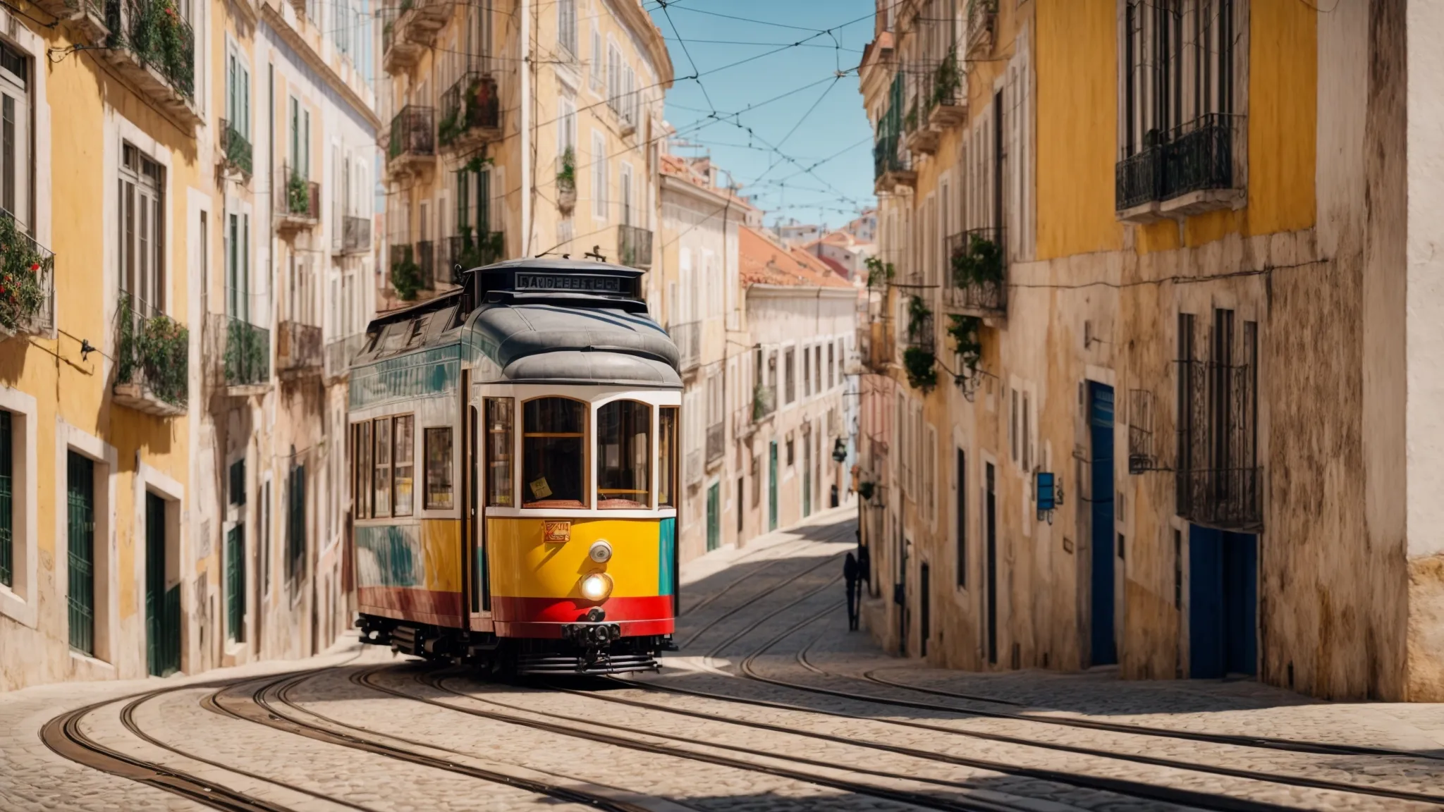 a tram winds through a colorful lisbon street, framed by historic buildings under a bright blue sky.